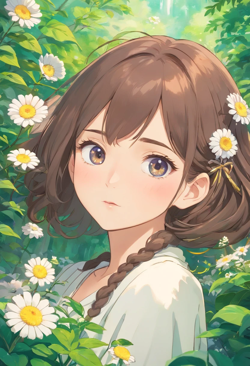 A beautiful girl, hair over the shoulder, clear eyes, smooth hair, exquisite and perfect facial features, the most beautiful big eyes, long eyelashes, sweet eyes with lying silkworms, pout, dynamic angle, ultimate picture quality, the highest precision, accurate and perfect human body, necklace, bust, close-up, outdoors, background is flowers and plants, long shot,