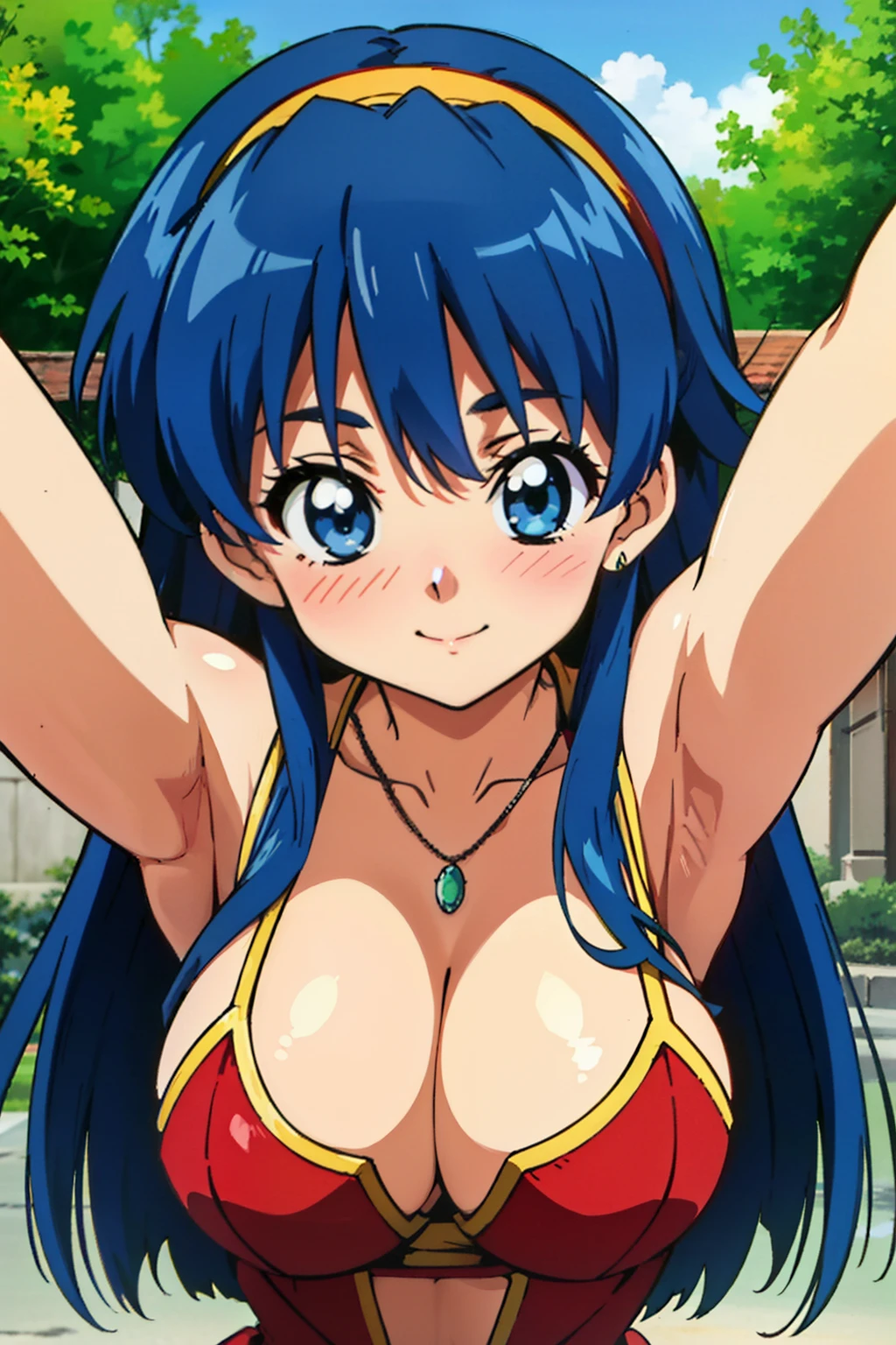 retro artstyle, 1990s (style), 1990s anime cels style, best quality, ultra-detailed, high resolution, 1girl, upper body, (open arms for viewer), solo, long hair, (cleavage, large breasts:1.2), dark blue hair, hairband,  necklace, large trees, embarrassed, nose blush, smile, closed mouth