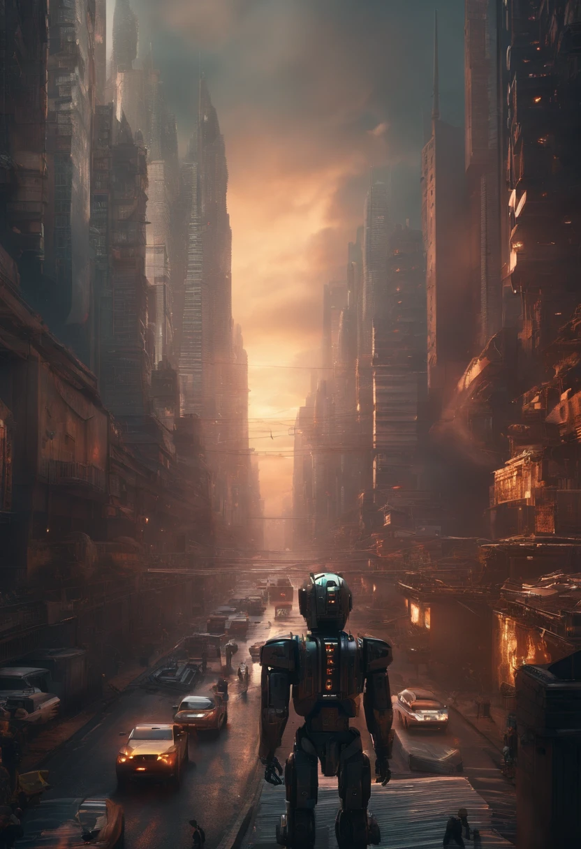 Visualize a dystopian future where robots have revolted against their human creators, 8k ultra