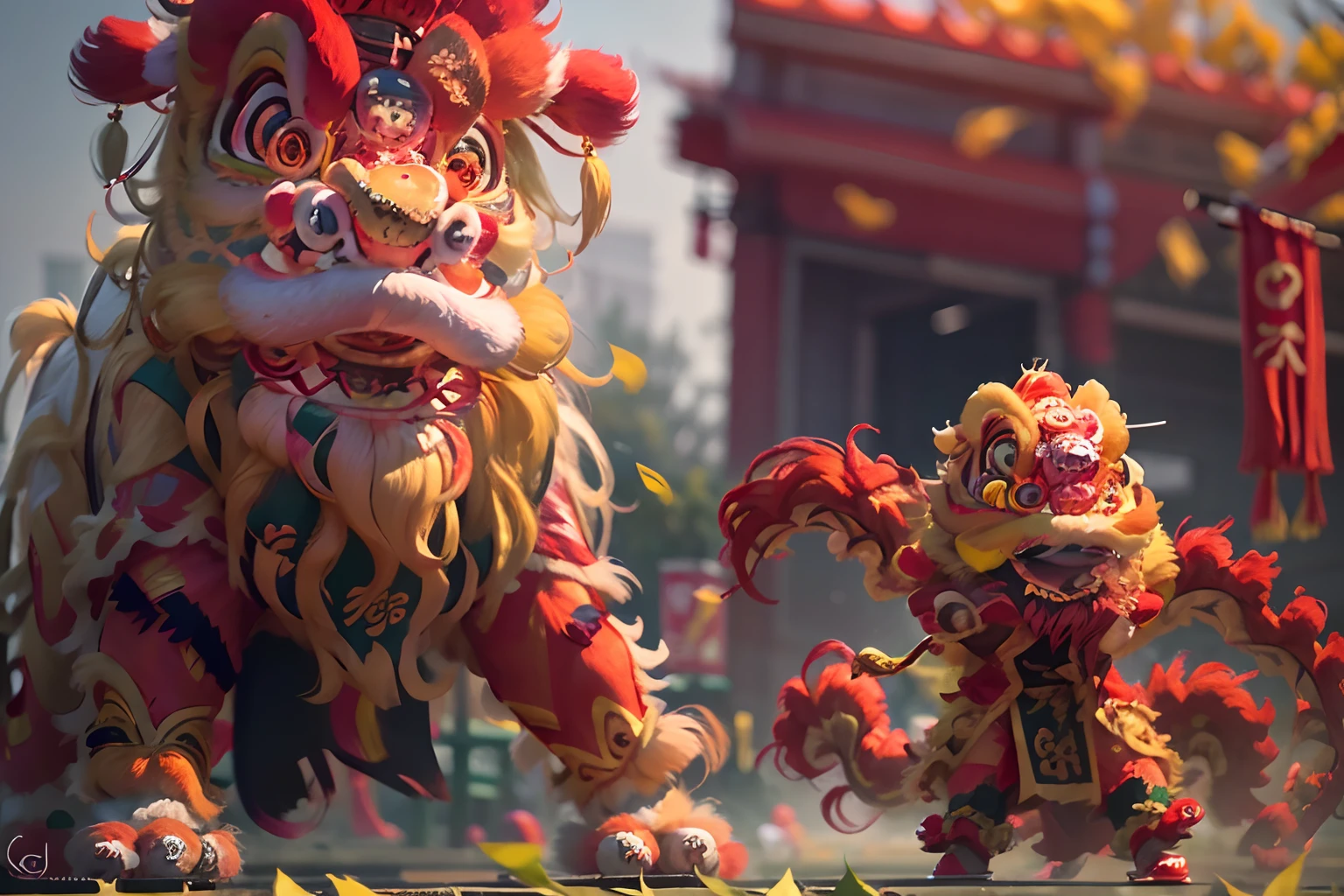 8K,RAW photos,best qualtiy,tmasterpiece,realisticlying,photograph realistic,ultra - detailed,Chinese lion dance,At the New Year's Festival, Traditional lion dance performance, Red and gold thread lion,Long mane and long tail, bian lian, G Liulian art style, cgsociety and fenghua zhong, drak, inspired by Park Hua, chengwei pan on artstation, wojtek fus, inspired by Lu Guang, affable , wenjun lin
