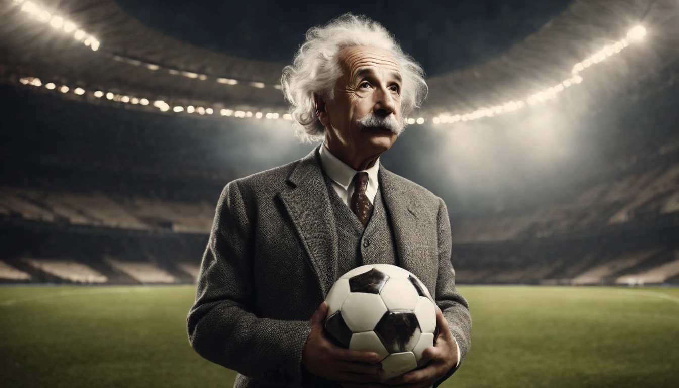 Albert Einstein, soccer player outfit, inside the stadium, full length photo, looking forward, hands pointing forward, ball under foot, picture type cinematic, full HD size