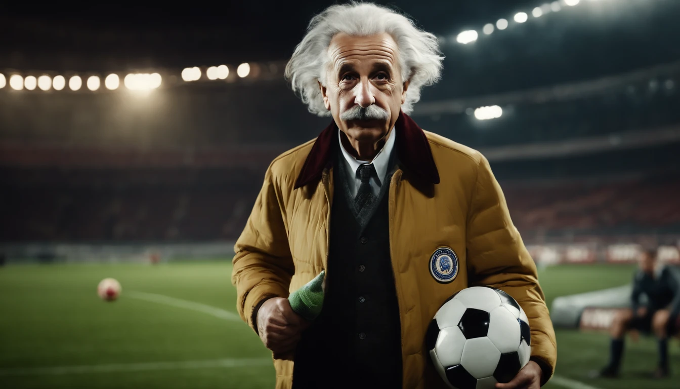 Albert Einstein, soccer player outfit, inside the stadium, full length photo, looking forward, hands pointing forward, ball under foot, picture type cinematic, full HD size