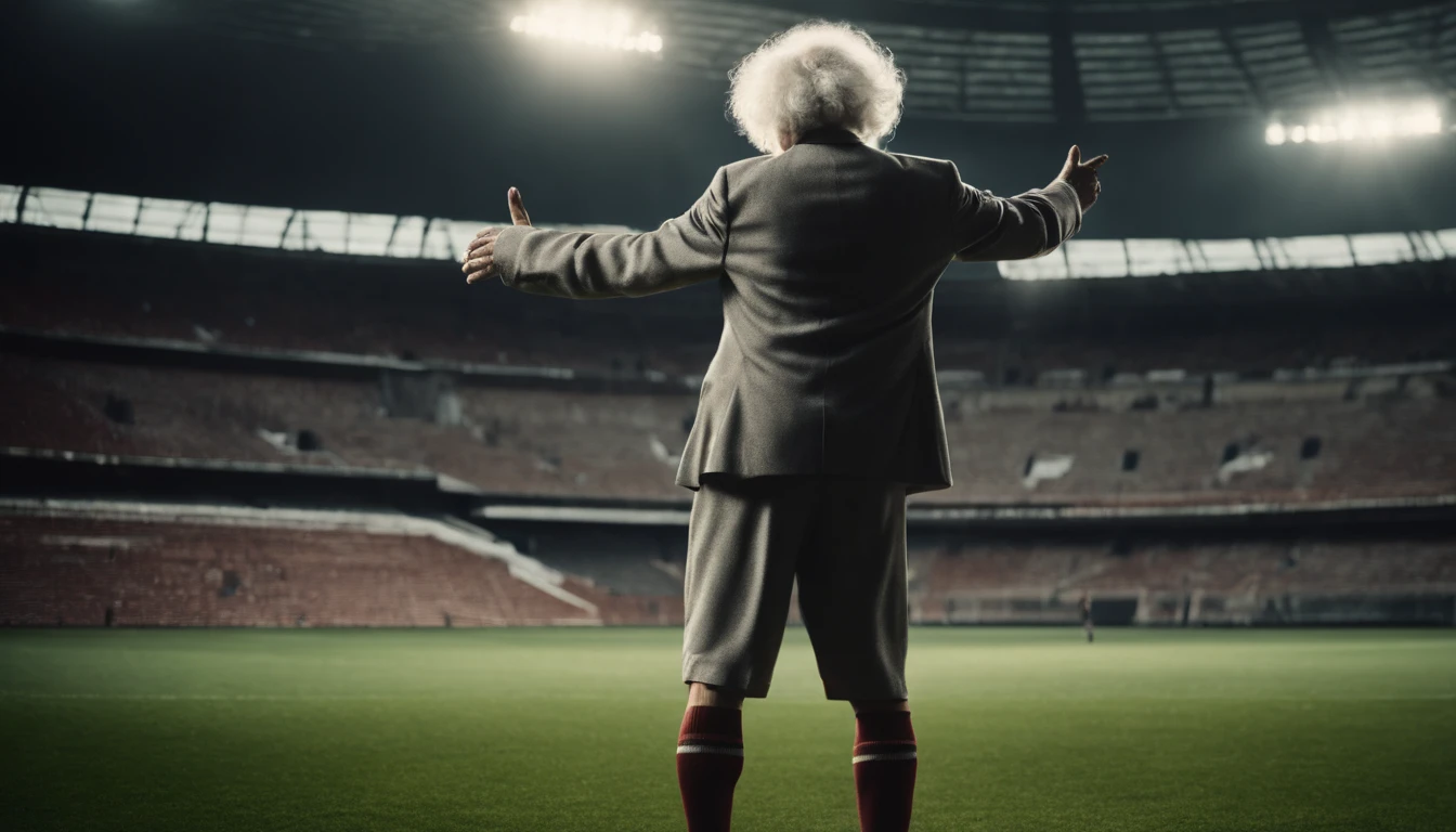 Albert Einstein, soccer player outfit, inside the stadium, full length photo, looking forward, hands pointing forward, ball under foot, picture type cinematic, full HD size