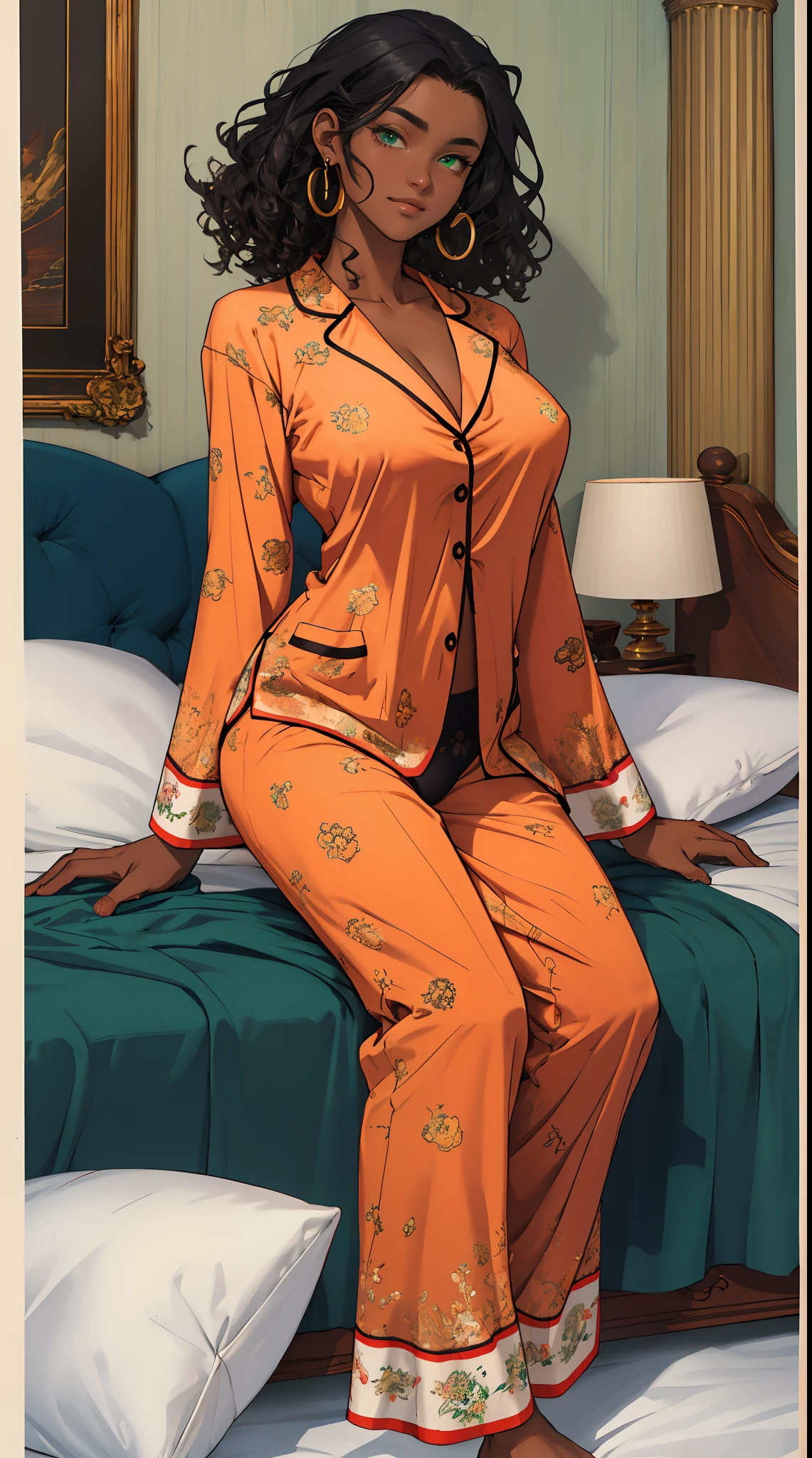 ((masterpiece, Best quality, a high resolution, ultra detailed),(beautiful and aesthetically pleasing:1.2), 1 woman, adult, perfect body, Wavy dark hair, green eyes, hair tied into a high beautiful ponytail, Detailed eyes and face, romantic tiger robe, Tiger print, sexy robe, lace, ornament on fabric, high heel shoes, Valentine's Day, romantic look in love, date, Bedroom, a large bed, view of the park from the window,, full body