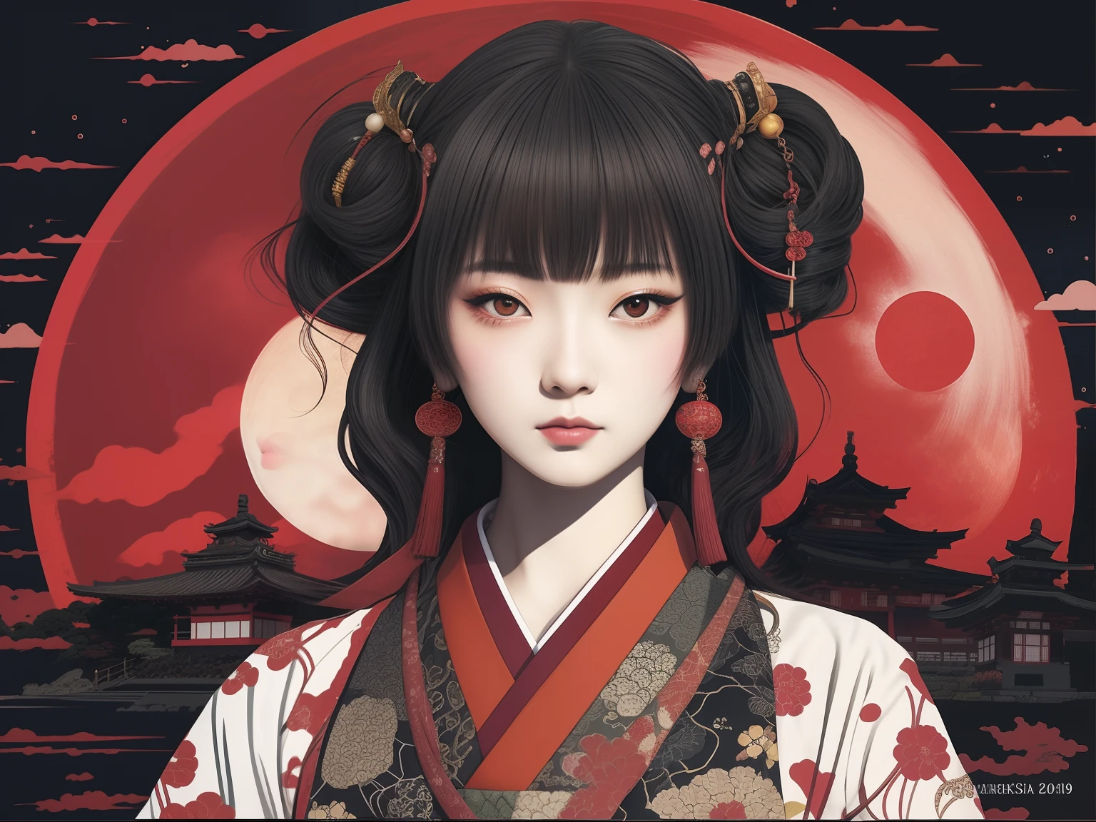 a close up of a woman with a red moon in the background, japanese art style, illustration, japanese gothic, japanese goddess, inspired by Tsukioka Yoshitoshi, satoshi kon artstyle, anime graphic illustration, in the art style of ukiyo - e, digital illustration, inspired by Itō Shinsui