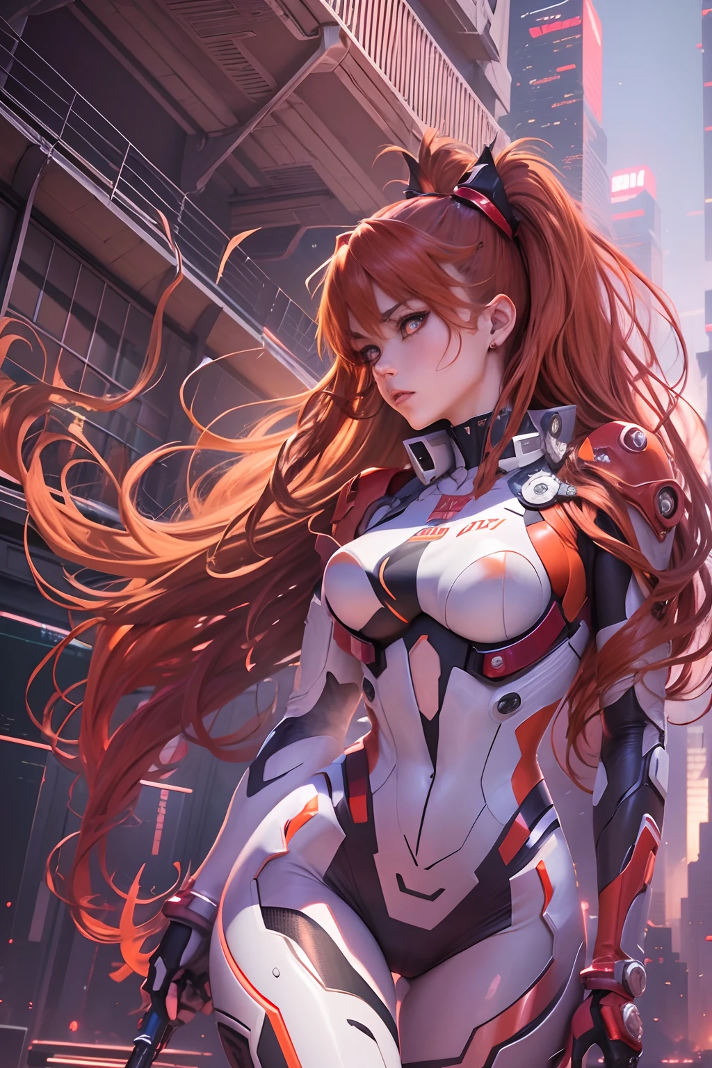 asuka langley, colorful neon lights, sharp focus, (best quality, 4k, highres, photorealistic:1.37), detailed facial features, fiery red hair, intense blue eyes, determined expression, pilot uniform, futuristic cityscape background, vibrant colors, (hyperrealistic), (illustration), (high resolution), (8K), (extremely detailed), (best illustration), (beautiful detailed eyes), (best quality), (ultra-detailed), (masterpiece), (wallpaper), (anatomically correct), (solo), (1 girl), (high detailed realistic hair), (heterochromic eyes), (detailed eyes), (sparkling eyes), (realistic big breasts:1.5), (exposed nipples breasts:1.35), (long legs), (slender abs), (dynamic pose), (closed tiny mouth:1.3), (nsfw), (concentrated expression),