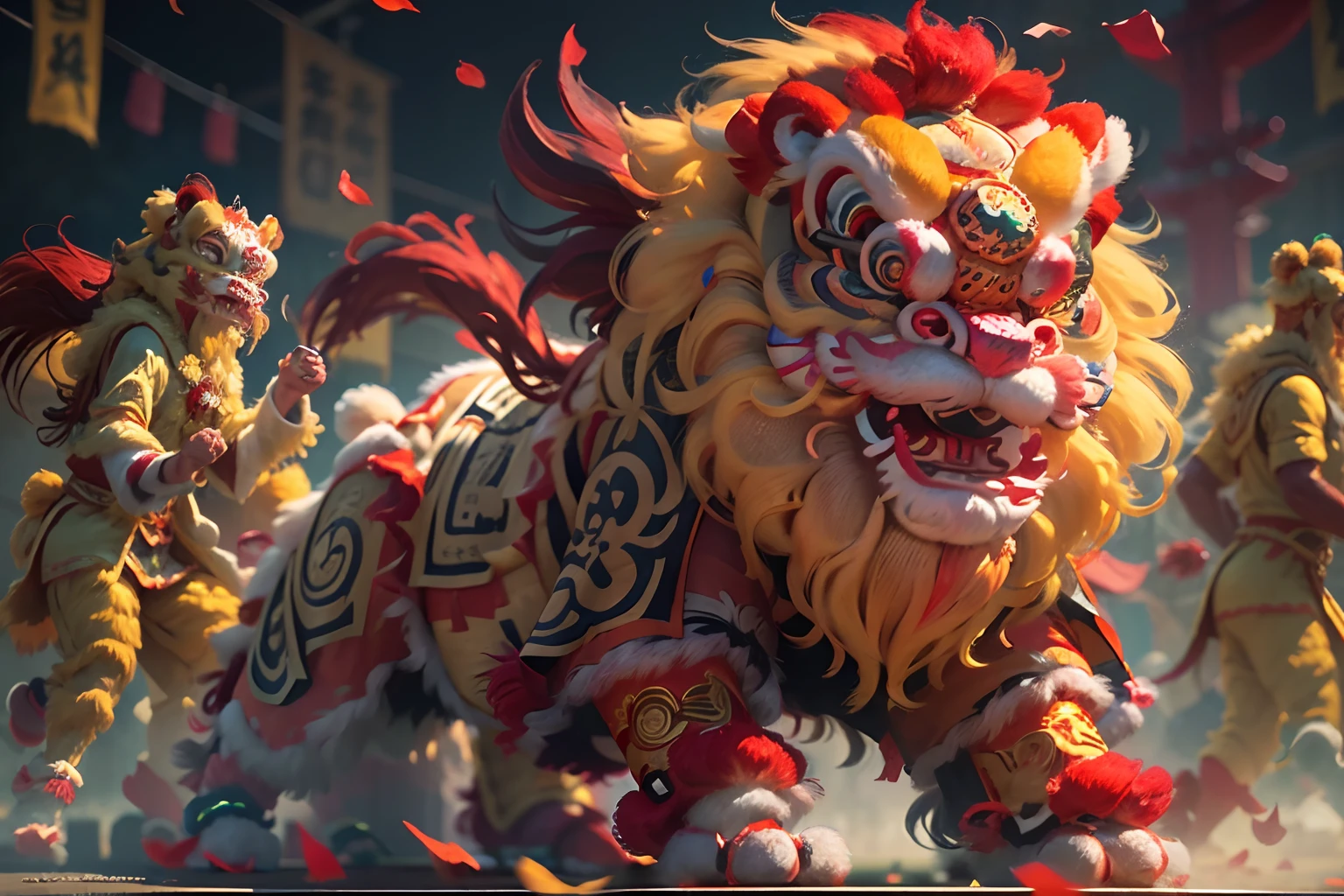 8K，RAW photos，best qualtiy，tmasterpiece，realisticlying，photograph realistic，ultra - detailed，Chinese lion dance，At the New Year's Festival, Traditional lion dance performance, Red and gold thread lion，Long mane and long tail, bian lian, G Liulian art style, cgsociety and fenghua zhong, drak, inspired by Park Hua, chengwei pan on artstation, wojtek fus, inspired by Lu Guang,  affable ， wenjun lin