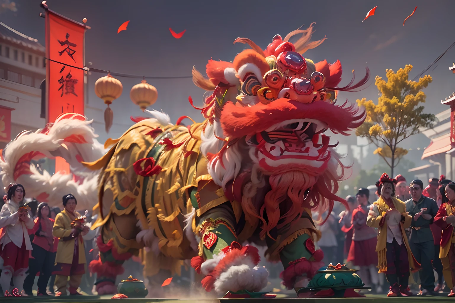 8K，RAW photos，best qualtiy，tmasterpiece，realisticlying，photograph realistic，ultra - detailed，Chinese lion dance，At the New Year's Festival, Traditional lion dance performance, Red and gold thread lion，Long mane and long tail, bian lian, G Liulian art style, cgsociety and fenghua zhong, drak, inspired by Park Hua, chengwei pan on artstation, wojtek fus, inspired by Lu Guang,  affable ， wenjun lin