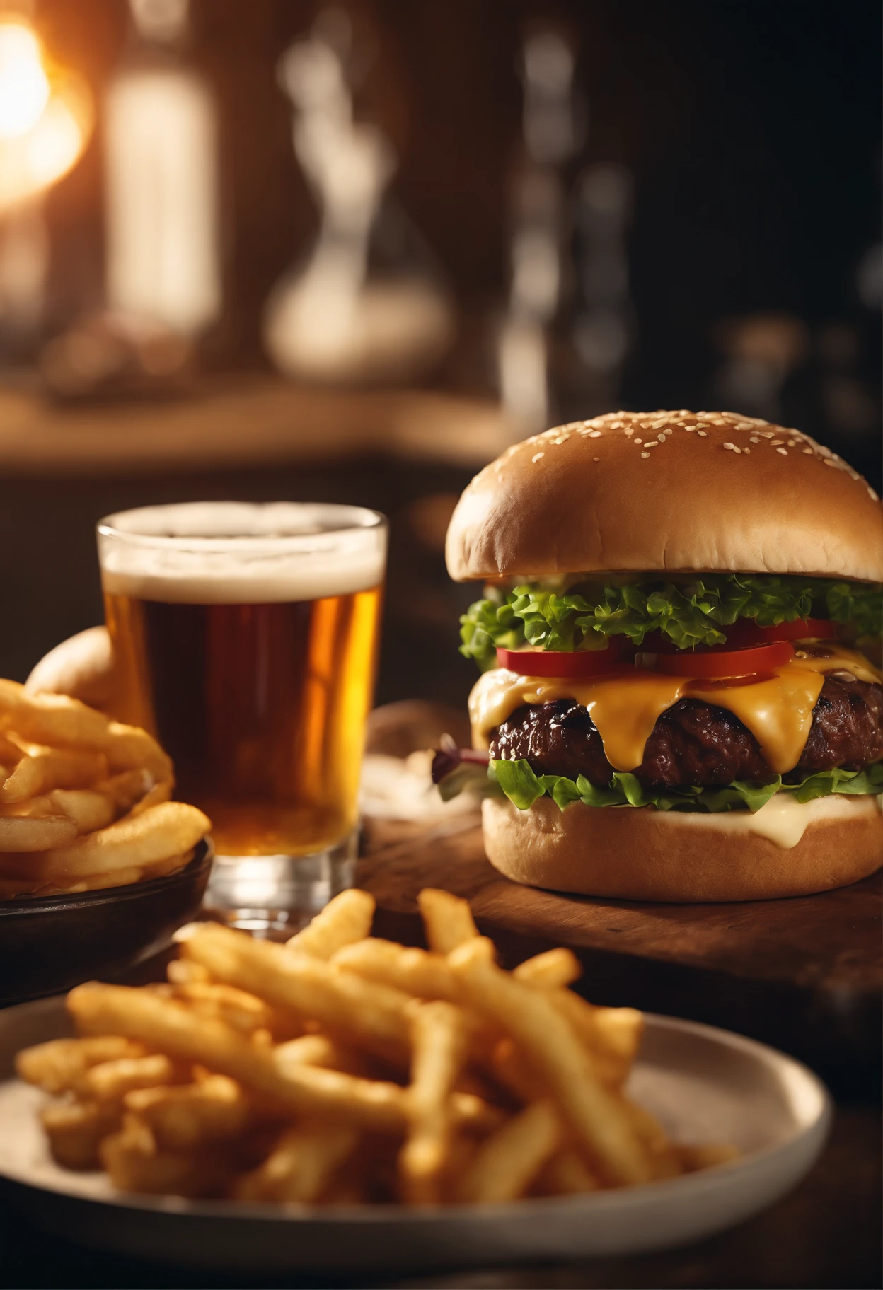 (best quality,4k,highres,realistic),medium shot,detailed beer glasses,detailed hamburgers,low light,cinematic scene,warm color tones,subtle shadows,textured wood table,crispy fries,vibrant condiments,juicy beef patties,soft sesame buns,grilled onions,melted cheese,glistening beer foam,moody atmosphere