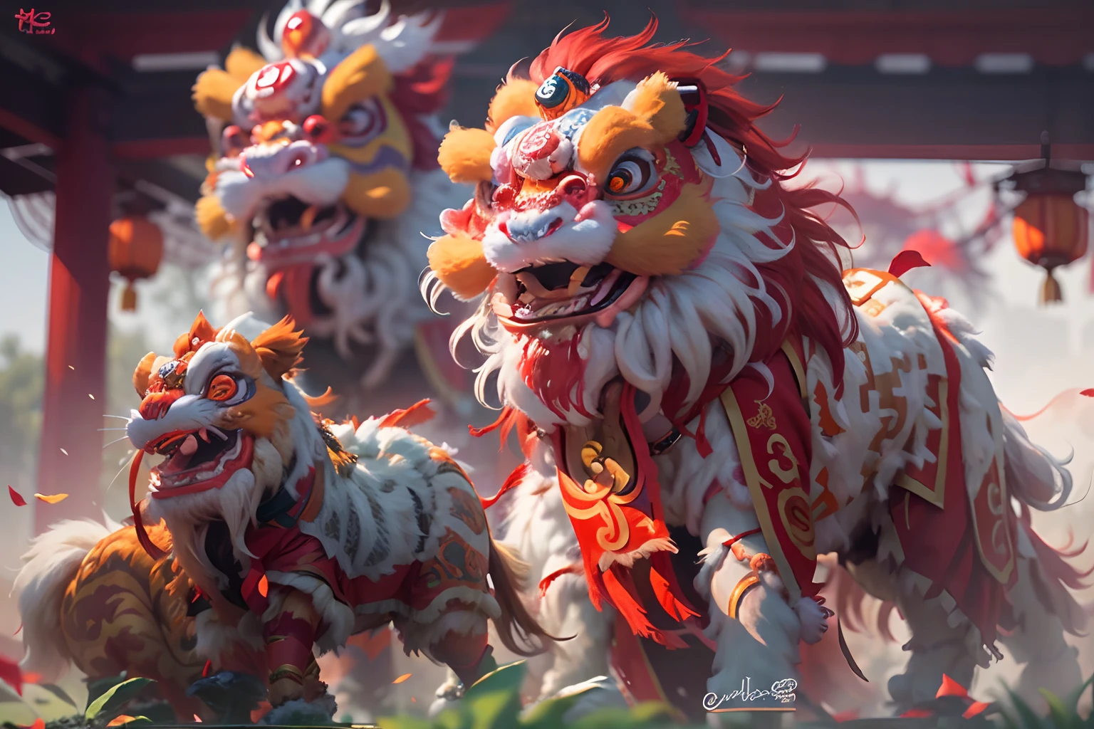 8K，RAW photos，best qualtiy，tmasterpiece，realisticlying，photograph realistic，ultra - detailed，Chinese lion dance，At the New Year's Festival, Traditional lion dance performance, Red and gold thread lion，Long mane and long tail, bian lian, G Liulian art style, cgsociety and fenghua zhong, drak, inspired by Park Hua, chengwei pan on artstation, wojtek fus, inspired by Lu Guang,  affable ， wenjun lin