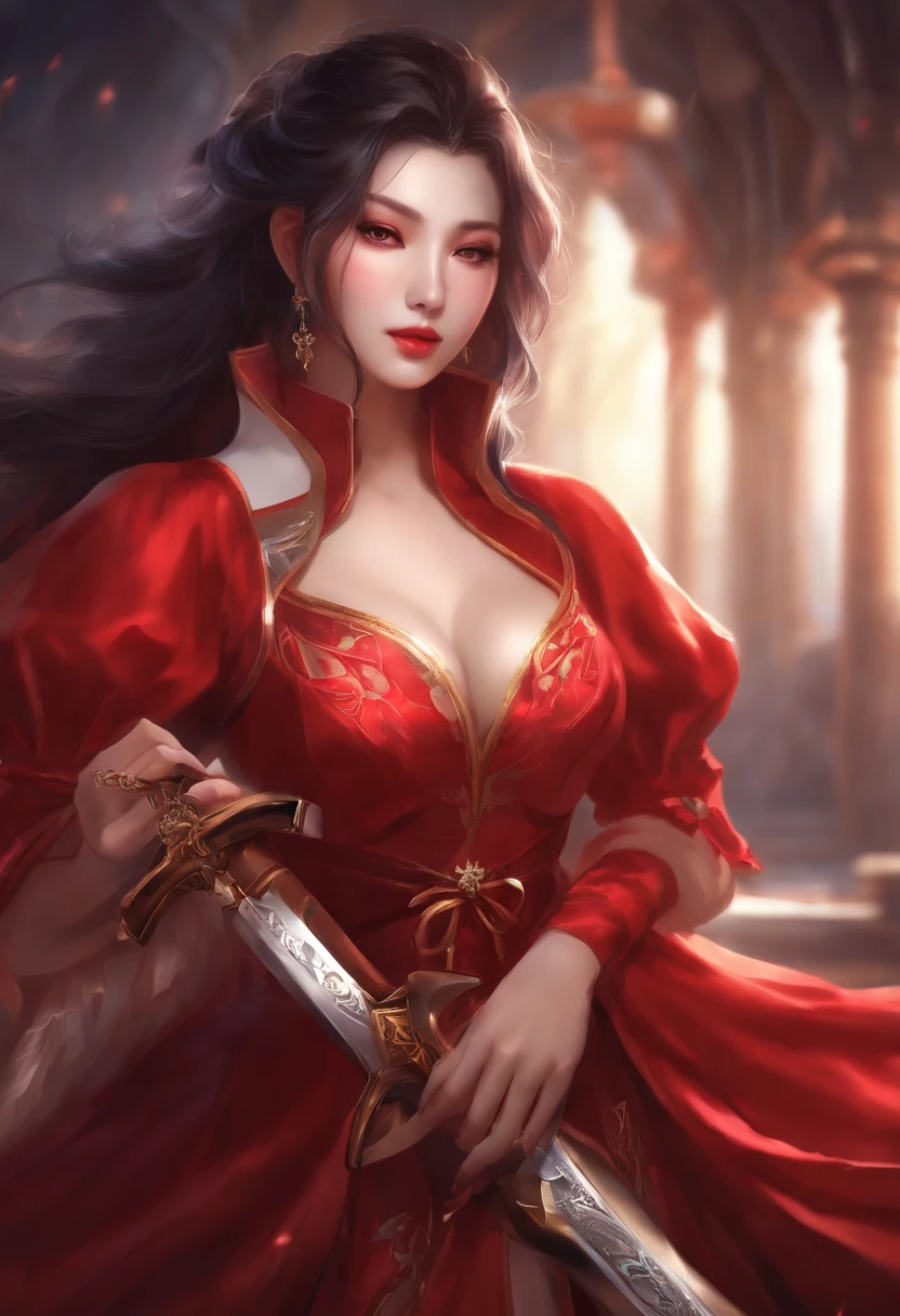 anime girl in a red dress with a sword in her hand, irelia, kda, ahri, style league of legends, akali, juri misaki, inspired by Li Mei-shu, leblanc, inspired by Yi Yuanji, inspired by Ju Lian, seraphine ahri kda, style of league of legends