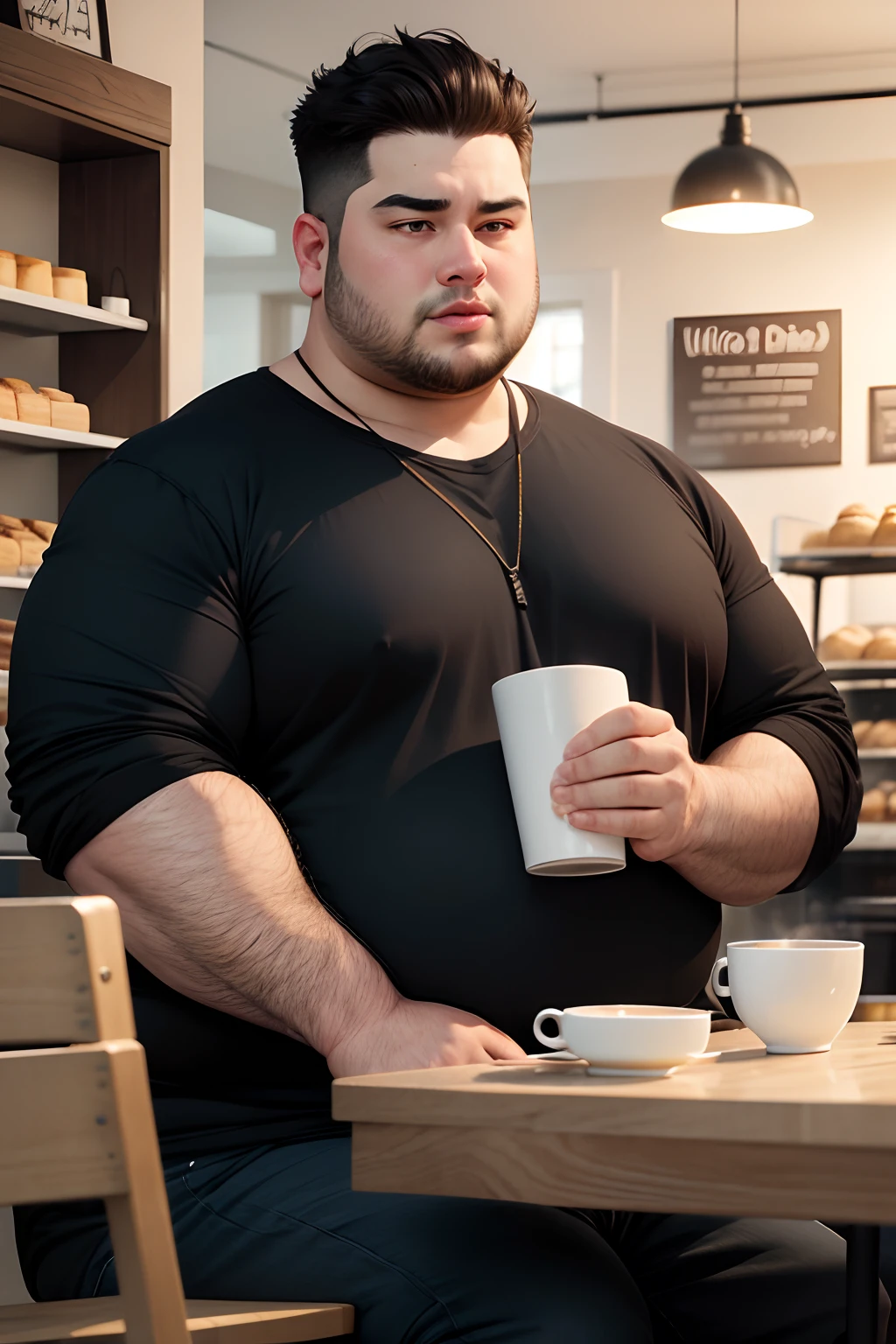 Make an obese man drinking coffee in a bakery he is in black clothes