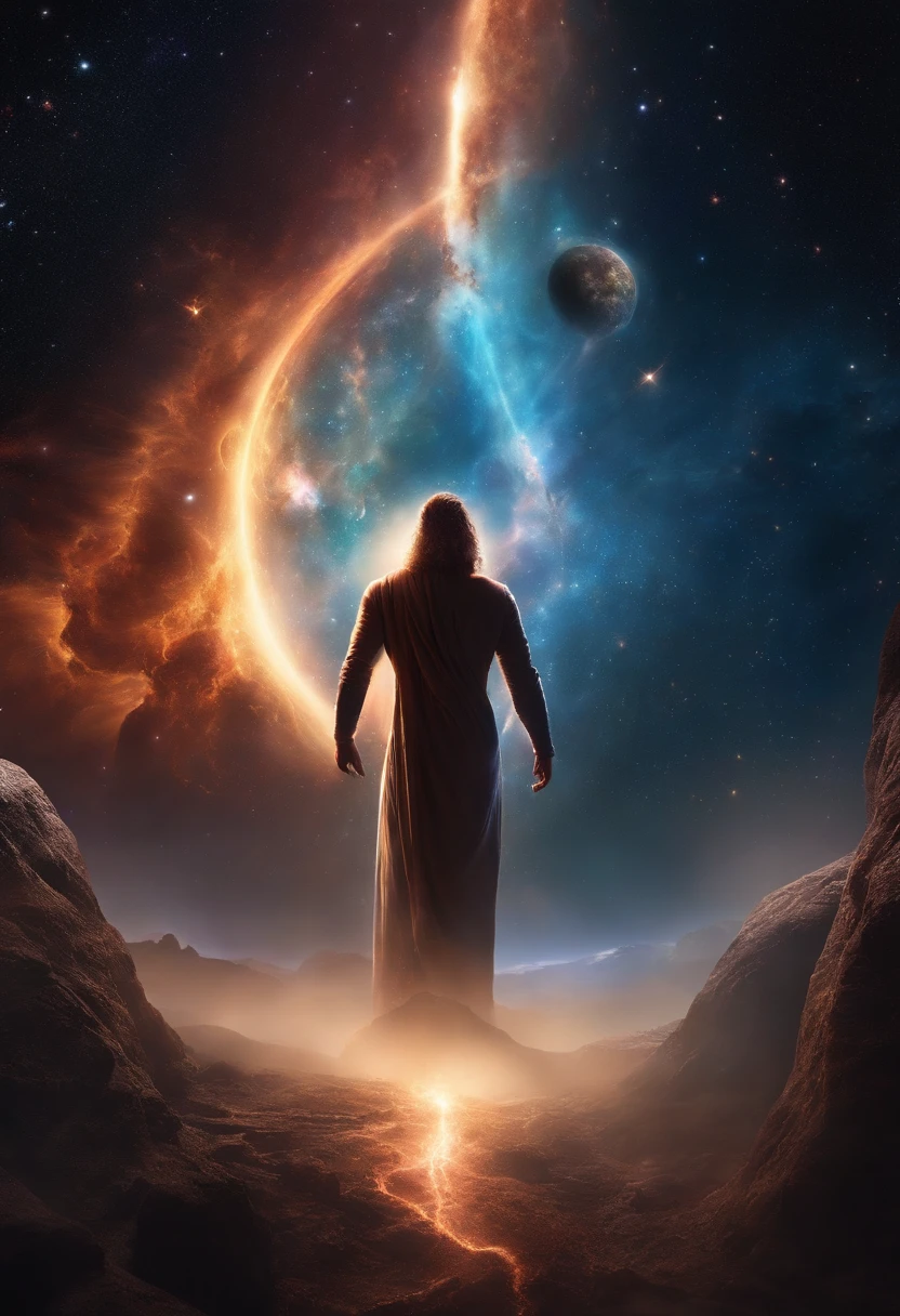 Depict god-like beings wielding cosmic powers in the vastness of space, 8k ultra