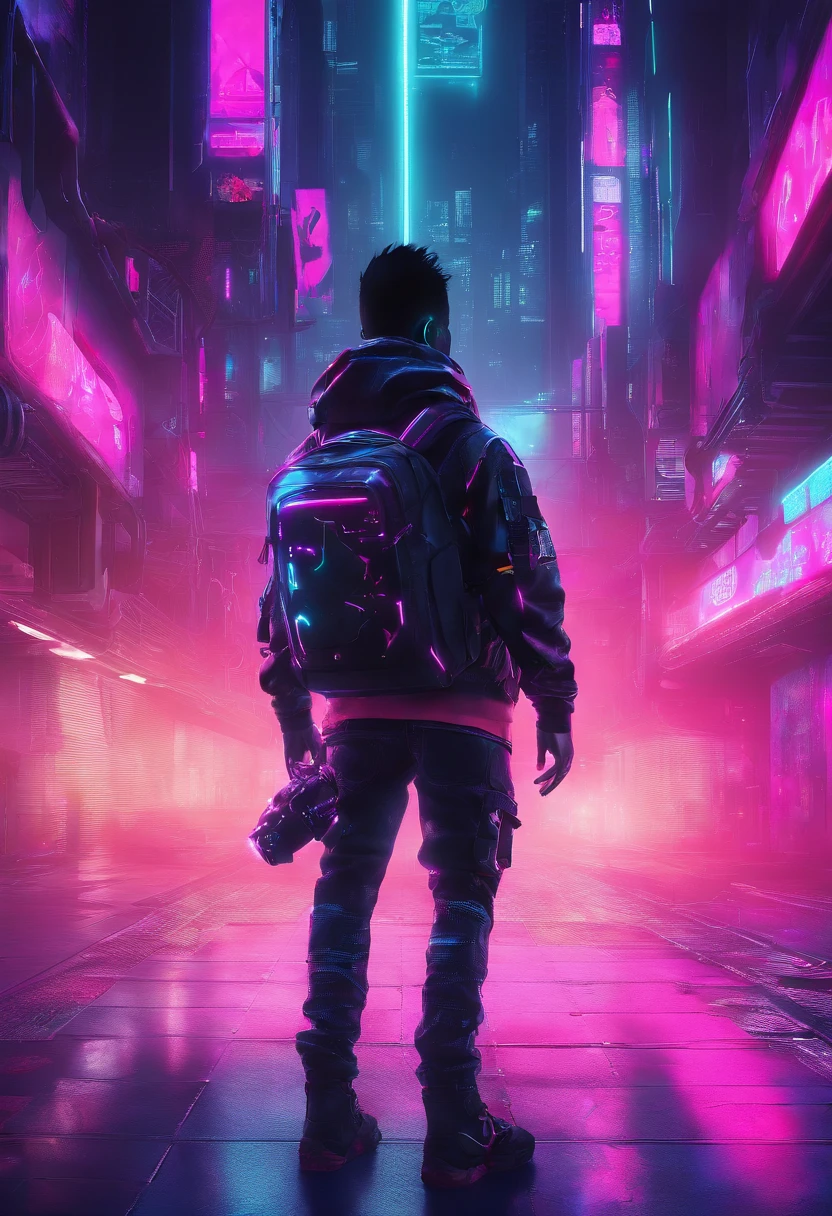 8K，Fine picture quality，Future street background，A cyberpunk boy，Carry this futuristic technology backpack，The backpack has lights，Future illuminated camera in hand，Back shadow