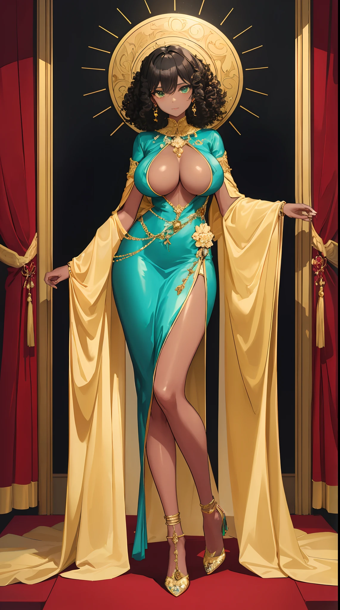 (Masterpiece, hiquality, absurdress) 1Woman, black hair, curly hair, Afro-curly hair, Green eyes, a perfect face, the perfect body, big breastes, short stature, very dark skin, Hindu woman, 独奏, ((Best Quality)), ((Masterpiece)), (Detailed:1.4), Detailed eyes and face, designer bag, Designer jewelry, designer dress, Designer high-heeled shoes, Languid look, Evening in Soviet society, Luxurious atmosphere around