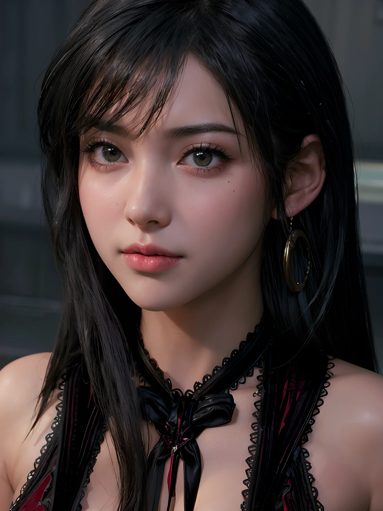 masterpiece, highest quality, 8K, fine skin texture, fine cloth texture, beautiful detailed face, intricate details, Super detailed, highest quality, (perfect body),(Fine and beautiful skin:1.1),(shiny skin:1.1),(Oil Highlights:1.1),(fascinating), High key and low dispersion brightness scale,soft light,Light-dark interlaced, 1 girl, alone, long hair, jewelry, bare shoulders, looking at the viewer, earrings, chest, gray eyes, cowboy shot, bangs, closed mouth, ribbon, hair ornaments, hair ribbon, shirt, gray hair, blue ribbon, hair between eyes,