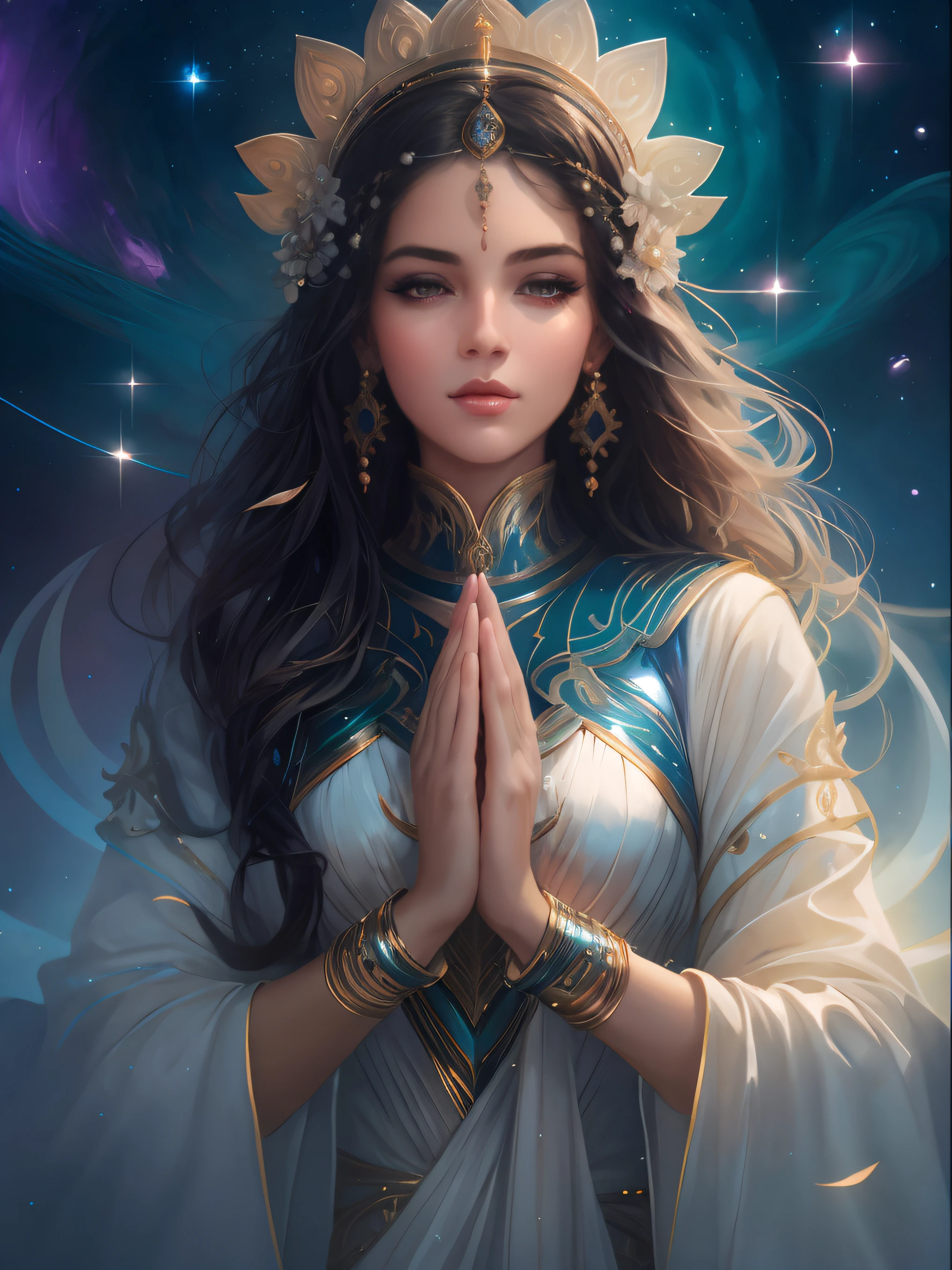 mulher arafed em um vestido branco com uma coroa e um vestido azul, Artgerm Julie Bell Beeple, deusa. Detalhes extremamente altos, Retrato da Deusa, retrato close-up da deusa, olhando para o centro da camera, Sacerdotisa elfa, Um retrato impressionante de uma deusa, Retrato de uma bela deusa, sacerdotisa, estilo de arte charlie bowater, arte do personagem charlie bowater