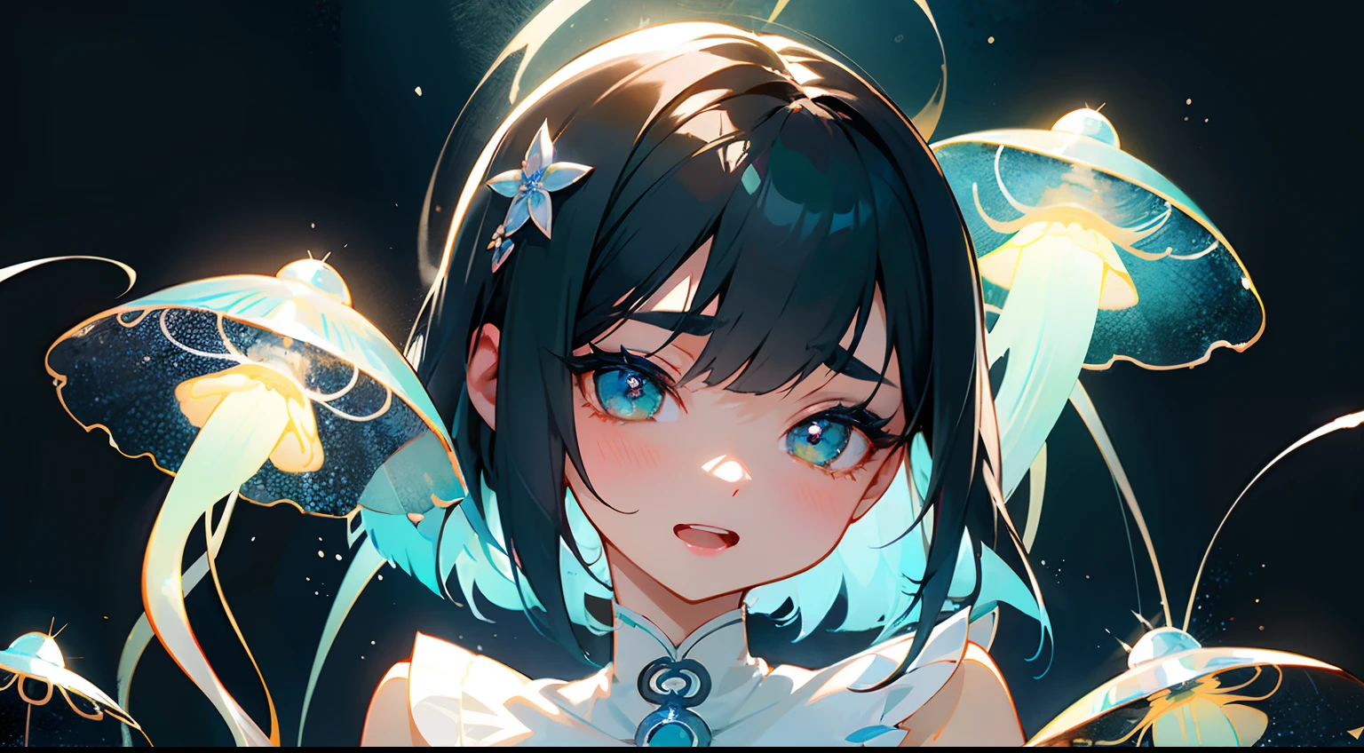 Original Characters、Volume Lighting、Best Shadows、Shallow depth of field、Portrait of an amazingly beautiful girl、Delicate beautiful attractive face with petite and seductive eyes、jellyfish、Laughing with open mouth、Sharp Eyebrows、Black Hair Shortcut Hair、Blush Eyeshadow、Shining eyes、Dark eyelashes、Slim waist、(top-quality、Superb Detail:1.25)、(独奏:1.3)、Brilliant Colorful Paintings