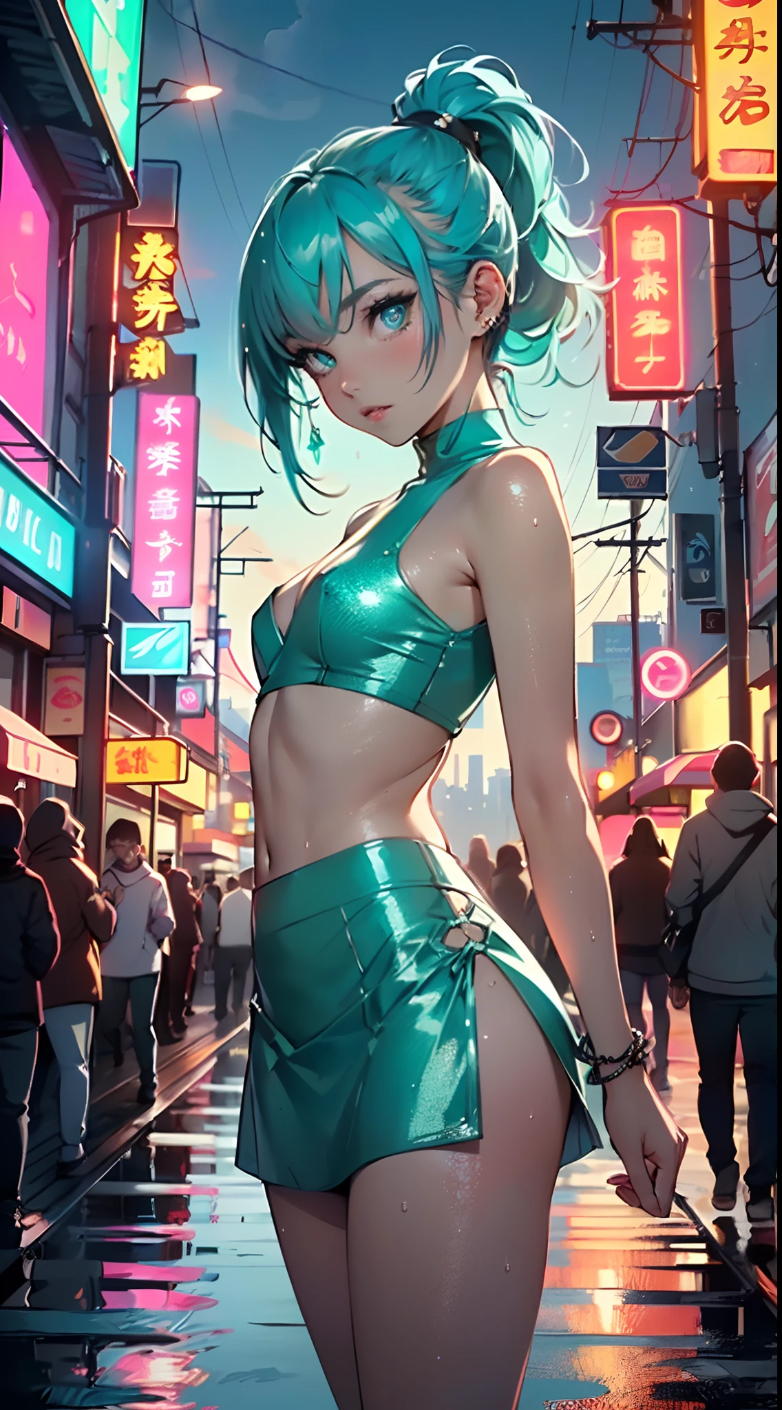 cute little loli,(((little loli,small tiny body,petite, chibi))),(((6 years old))),((little loli with extremely cute and beautiful aqua hair)),(baby face), (round face)

(((flat chest))),(((aqua hair:1.5,long aqua hair,ponytail,colored inner hair,ear breathing,))),(((neon_aqua_eyes:1.3))),intricate eyes,beautiful detailed eyes,symmetrical eyes,big eyes:1.5,(((lustrous skin:1.5,bright skin: 1.5,skin tanned,shiny skin,very shiny skin,shiny body,plastic glitter skin,exaggerated shiny skin,illuminated skin,wet legs))),(detailed body,(detailed face)),

cute,slutty,??????,((nsfw)),

zettai ryouiki,(revealing clothing,show skin),((sideboob)),(barefoot,),(((breast curtain,low rise mini skirt,high cut thong))),((wet clothes,intricate outfit,intricate clothes)),

(dynamic pose:1.0),solo focus,embarrassed,(centered,scale to fit dimensions,Rule of thirds),

cyberpunk city by the ocean at night, with bright neon signs and dark stormy clouds and puddles, scenery:1.25,

artistic photography,(photography taken by sldr),highres, sharp focus, (ultra detailed, extremely detailed), (photorealistic artwork:1.37),(extremely detailed CG unity 8k wallpaper),((synthwave background theme)),(((vibrant colors))),(intricate background),(masterpiece),(best quality),