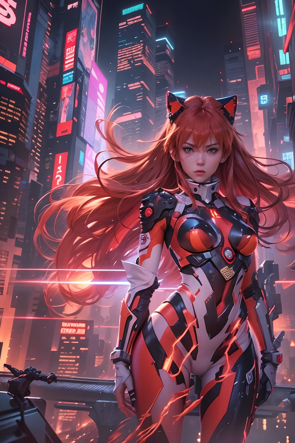 Asuka Langley, adult version, Evangelion body suit, 30-year-old, realistic, vivid colors, professional, extreme detail description, long red hair, determined expression, intense gaze, fiery personality, confident stance, futuristic cityscape background, dramatic lighting, sunset tones, angular design, high-tech materials, sleek armor, intricate mechanical details, powerful physique, iconic red and white color scheme, cyberpunk aesthetic, neon lights, skyscrapers, flying mechas, dynamic action, adrenaline-filled atmosphere, sci-fi anime style.