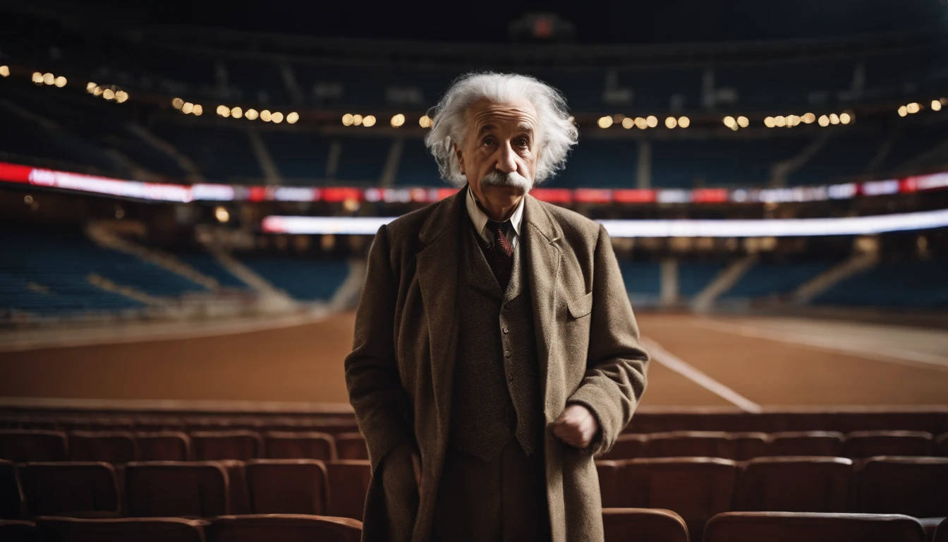 Albert Einstein, basketball player outfit, inside the stadium, full length photo, looking forward, hands pointing forward, picture type cinematic, full HD size