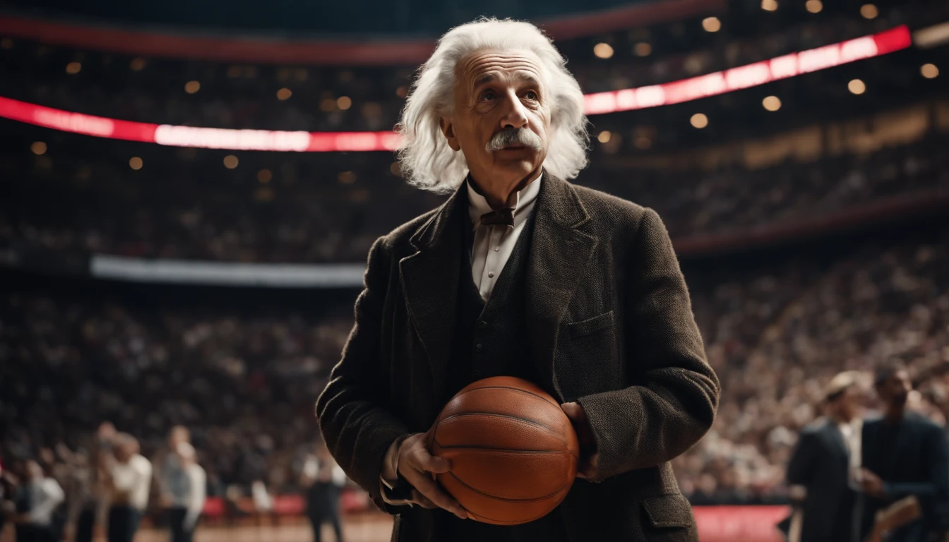 Albert Einstein, basketball player outfit, inside the stadium, full length photo, looking forward, hands pointing forward, picture type cinematic, full HD size