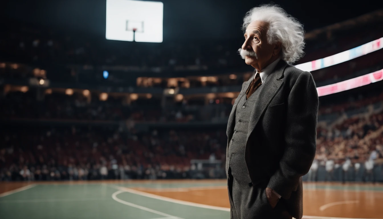 Albert Einstein, basketball player outfit, inside the stadium, full length photo, looking forward, hands pointing forward, picture type cinematic, full HD size