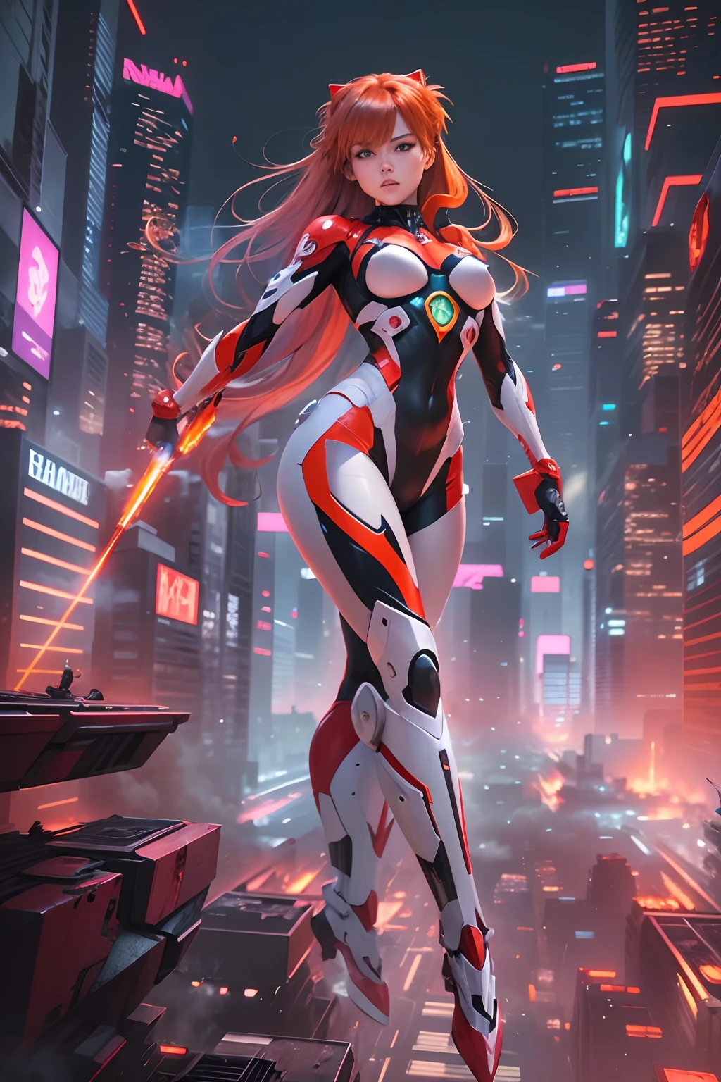 Asuka Langley, adult version, Evangelion body suit, 30-year-old, realistic, vivid colors, professional, extreme detail description, long red hair, determined expression, intense gaze, fiery personality, confident stance, futuristic cityscape background, dramatic lighting, sunset tones, angular design, high-tech materials, sleek armor, intricate mechanical details, powerful physique, iconic red and white color scheme, cyberpunk aesthetic, neon lights, skyscrapers, flying mechas, dynamic action, adrenaline-filled atmosphere, sci-fi anime style.