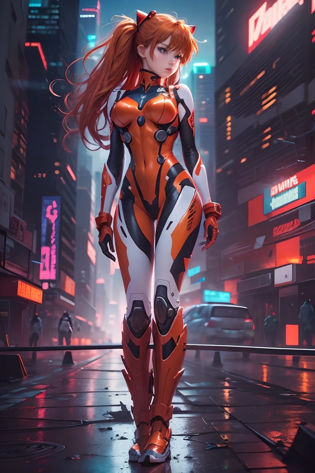 Asuka Langley, adult version, Evangelion body suit, 30-year-old, realistic, vivid colors, professional, extreme detail description, long red hair, determined expression, intense gaze, fiery personality, confident stance, futuristic cityscape background, dramatic lighting, sunset tones, angular design, high-tech materials, sleek armor, intricate mechanical details, powerful physique, iconic red and white color scheme, cyberpunk aesthetic, neon lights, skyscrapers, flying mechas, dynamic action, adrenaline-filled atmosphere, sci-fi anime style.
