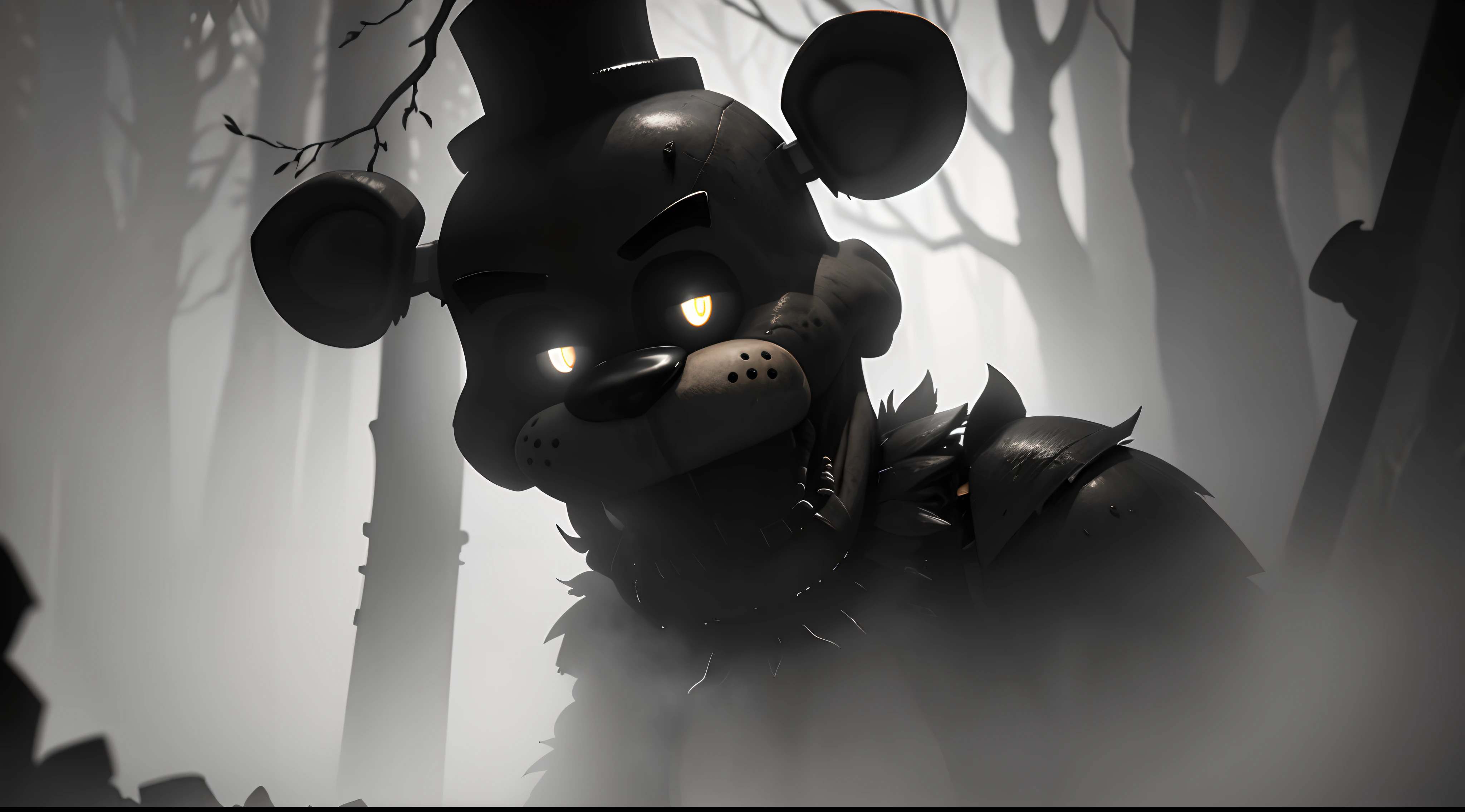 a,dark,forest,freddy fazbear,epic scene,freddy fazbear focus,up close angle,horror,haunting,ominous,spooky,menacing,foggy,misty,creepy atmosphere,mysterious shadows,majestic trees,twisted branches,glowing eyes,menacing grin,sharp teeth,creaking sound of branches,ominous whispers,gloomy lighting,dark silhouette,misty atmosphere,nightmare,pitch black,chilling,haunted,nighttime,unsettling,unforgiving,terrifying. (best quality,4k,8k,highres,masterpiece:1.2),ultra-detailed,(realistic,photorealistic,photo-realistic:1.37),HDR,UHD,studio lighting,ultra-fine painting,sharp focus,physically-based rendering,extreme detail description,professional,vivid colors,bokeh,horror,grim,foreboding,monstrous,unnerving,wilderness,nightmarish,dreadful,macabre,nightfall,spine-tingling,phantasmagoric,terrifyingly beautiful,wicked,dank,dread-filled,ghastly,dreary,oppressive,dismal,horrendous,formidable.