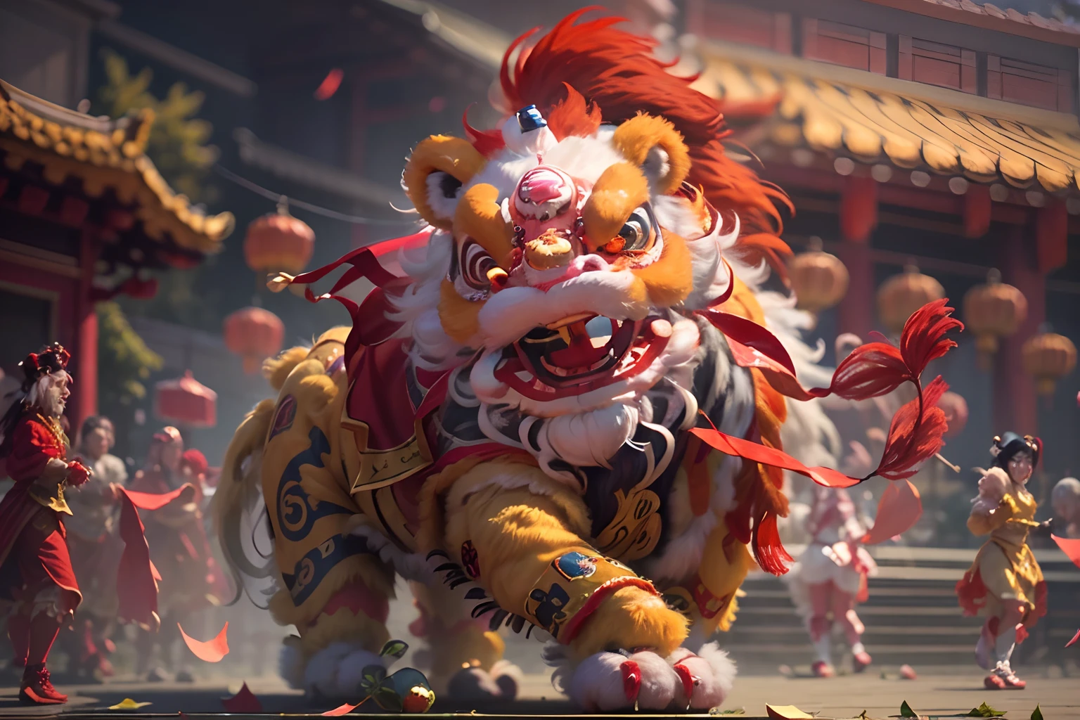 8K，RAW photos，best qualtiy，tmasterpiece，realisticlying，photograph realistic，ultra - detailed，Chinese lion dance，At the New Year's Festival, Traditional lion dance performance, Red and gold thread lion，Long mane and long tail, bian lian, G Liulian art style, cgsociety and fenghua zhong, drak, inspired by Park Hua, chengwei pan on artstation, wojtek fus, inspired by Lu Guang,  affable ， wenjun lin