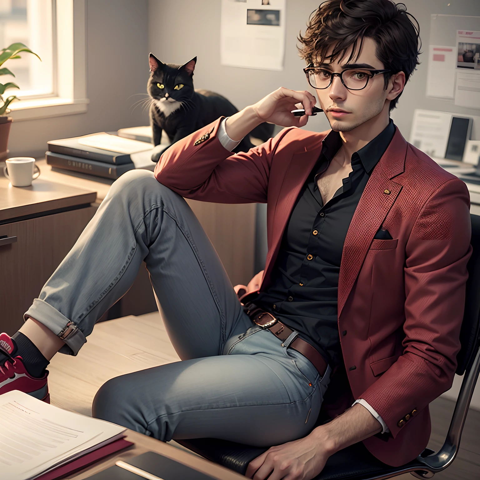 Homem escritor, Short hair with bangs and square black glasses with wine red blazer, Camisa social preta, Black jeans and dark all-star sneakers on gray home office background with black notebook on gray desk and gray cat, 8k, HD.