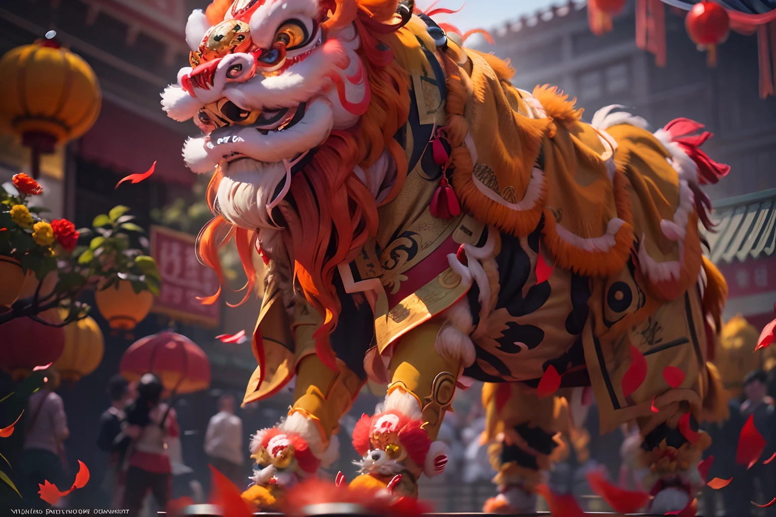 8K,RAW photos,best qualtiy,tmasterpiece,realisticlying,photograph realistic,ultra - detailed,Chinese lion dance,At the New Year's Festival, Traditional lion dance performance, Red and gold thread lion,Long mane and long tail, bian lian, G Liulian art style, cgsociety and fenghua zhong, drak, inspired by Park Hua, chengwei pan on artstation, wojtek fus, inspired by Lu Guang, affable , wenjun lin