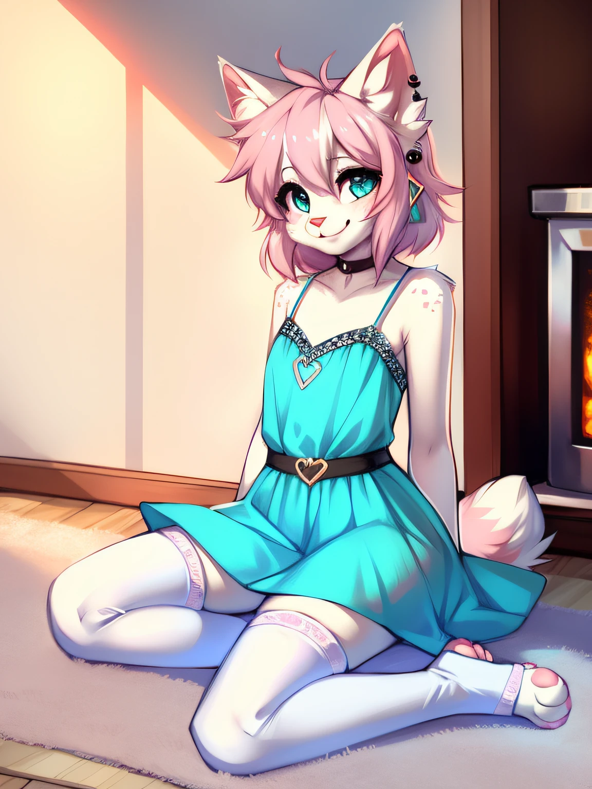 slim, anorexic blep, white cat, fluffy tail, paw pads, pink paw pads, white spots, big fluffy tail, earrings, fluffy fur, girly, white stockings, pink leg-warmers 1girl, solo, female, big breasts, blue dress, pastel pink hair, medium hair, hair over left eye, turquoise eyes, tongue out, cowboy shot, no shoes, paws, black earrings, big ears, by zackary911, (coffeesoda:1.1), hioshiru, zackary911