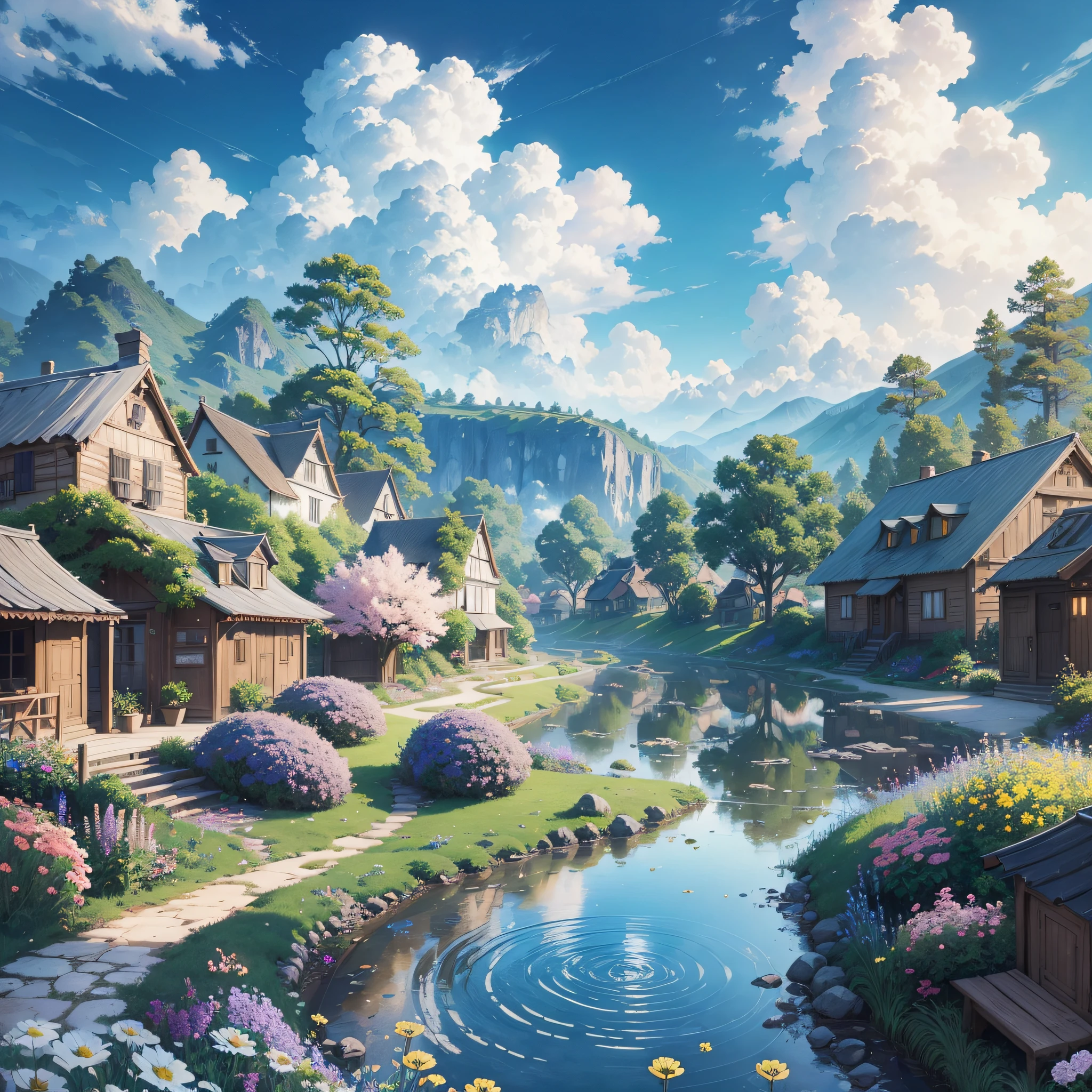 Masterpiece, best quality, (very detailed CG unity 8k wallpaper) (best quality), (best illustration), anime, village, flowers, blue sky, --v6