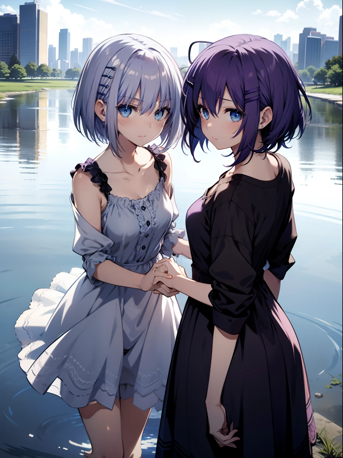 2 girls, blue eyes, collarbone, dress, hair between eyes, hair ornament, hairpin, looking at each other, mouth open, holding hands, reflection, shirt open, underwear showing, short hair, one with purple hair, one with blue hair