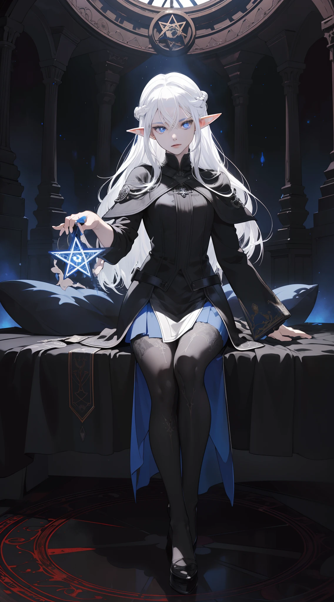 (masterpiece, best quality, ultra-detailed, best shadow), (detailed background ,bright background), (beautiful detailed face), high contrast, (best illumination, an extremely delicate and beautiful), ((cinematic light)), colorful, hyper detail, dramatic light, intricate details, (1girl, elf ears, solo, white hair, long hair, beautiful detailed face, blue eyes, hair between eyes, dynamic angle), blood splatter, swirling black light around the character, depth of field, magic circle, full body, magic school, pentagram on the floor, she is holding a book in her arm, mage, wearing simplistic fantasy mage clothes, illustration, anime style, manga