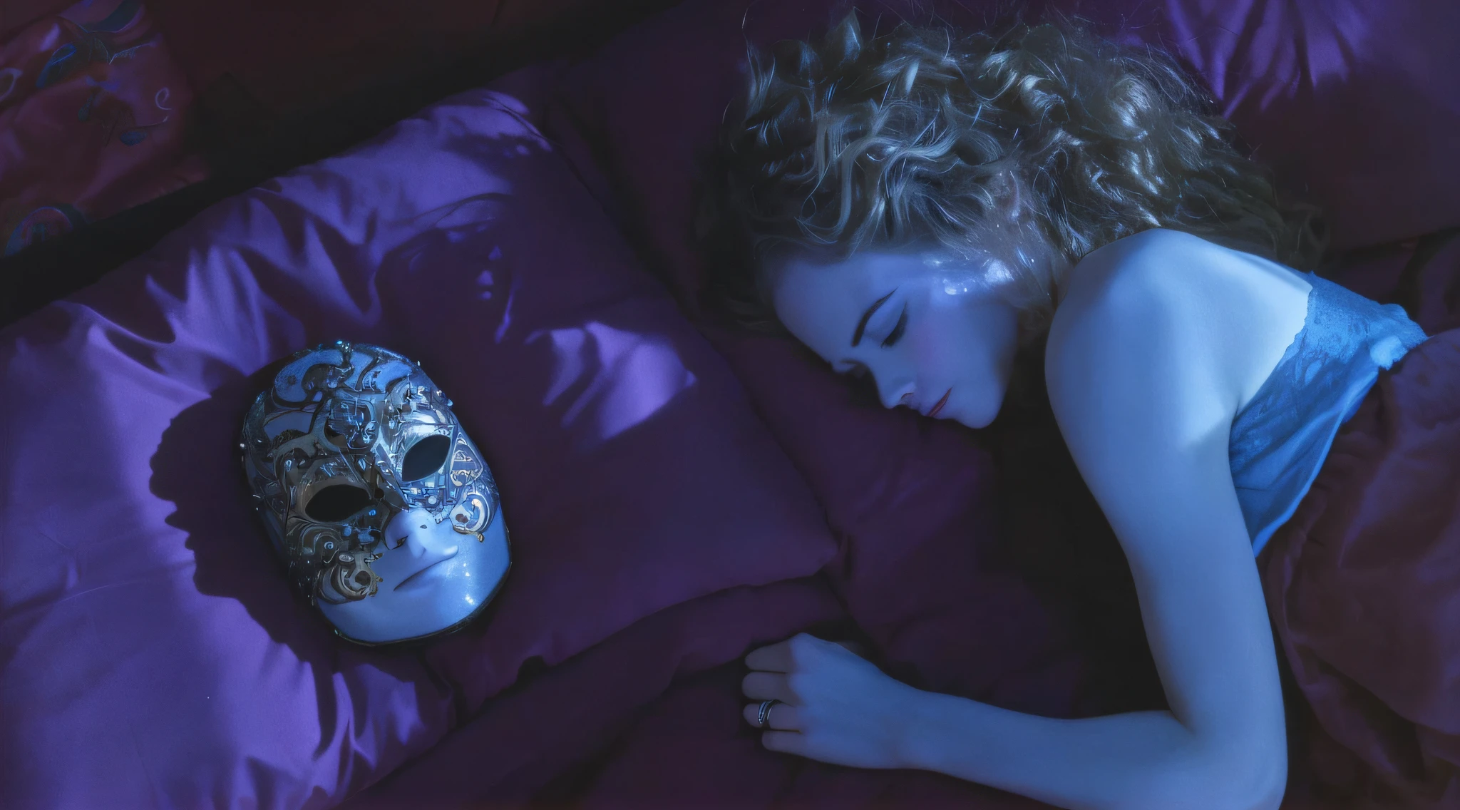 Nicole Kidman sleeping near a venetian mask, arafed woman laying on a bed with a mask on it, in eyes wide shut (1999), the masks come off at night, movie still of a tired, winona ryder in repose, the mask covers her entire face, in this ominous scene, film shot, perfectly lit. movie still, movie screencap, sleeping beauty, sleeping