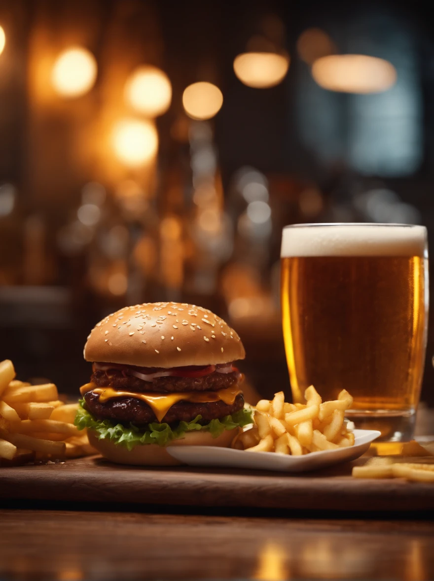 (best quality,4k,highres,realistic),medium shot,detailed beer glasses,detailed hamburgers,cinematic scene, low light neon color tones ,subtle shadows, textured wood table,crispy fries,vibrant condiments,juicy beef patties,soft sesame buns,grilled onions,melted cheese,glistening beer foam,moody atmosphere