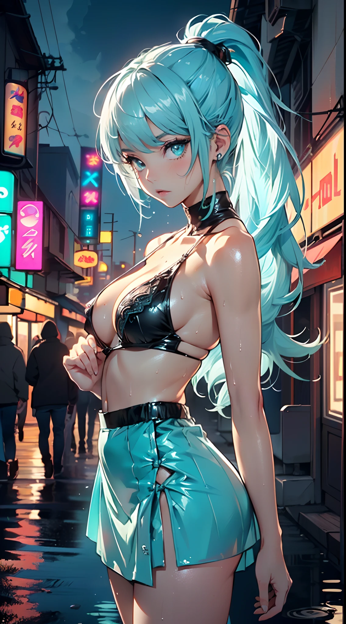 cute little loli,(((little loli,small tiny body,petite, chibi))),(((6 years old))),((little loli with extremely cute and beautiful aqua hair)),(baby face), (round face)

(((flat chest))),(((aqua hair:1.5,long aqua hair,ponytail,colored inner hair,ear breathing,))),(((neon_aqua_eyes:1.3))),intricate eyes,beautiful detailed eyes,symmetrical eyes,big eyes:1.5,(((lustrous skin:1.5,bright skin: 1.5,skin tanned,shiny skin,very shiny skin,shiny body,plastic glitter skin,exaggerated shiny skin,illuminated skin,wet legs))),(detailed body,(detailed face)),

cute,slutty,erotic,((nsfw)),

zettai ryouiki,(revealing clothing,show skin),((sideboob)),(barefoot,),(((breast curtain,low rise mini skirt,high cut thong))),((wet clothes,intricate outfit,intricate clothes)),

(dynamic pose:1.0),solo focus,embarrassed,(centered,scale to fit dimensions,Rule of thirds),

cyberpunk city by the ocean at night, with bright neon signs and dark stormy clouds and puddles, scenery:1.25,

artistic photography,(photography taken by sldr),highres, sharp focus, (ultra detailed, extremely detailed), (photorealistic artwork:1.37),(extremely detailed CG unity 8k wallpaper),((synthwave background theme)),(((vibrant colors))),(intricate background),(masterpiece),(best quality),