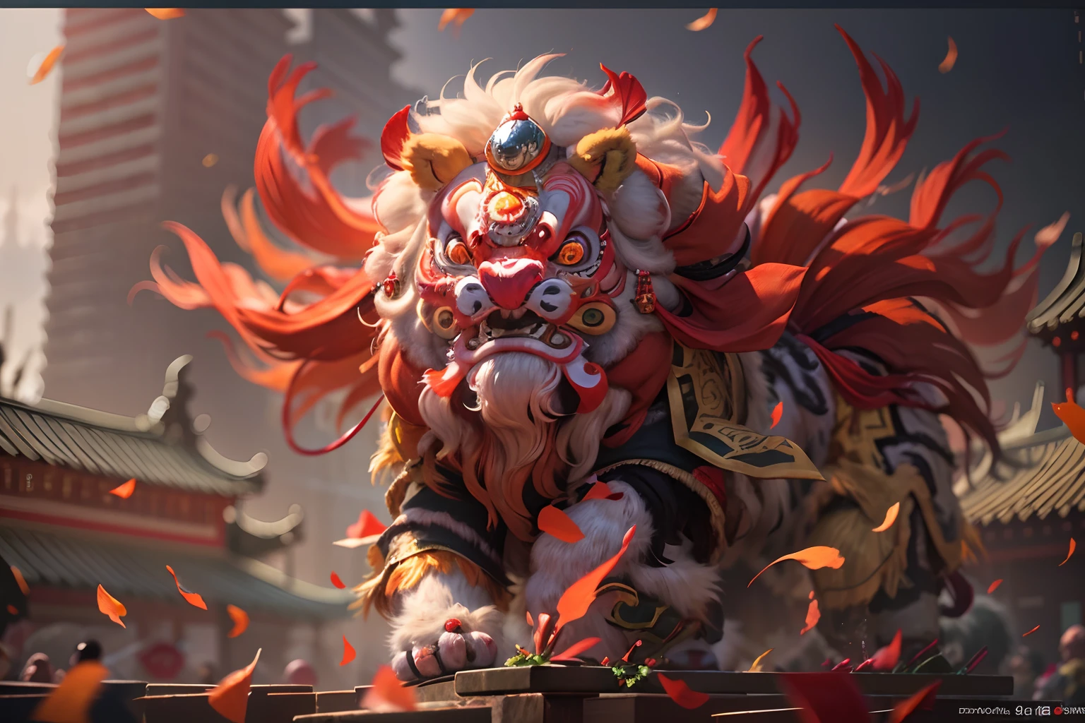 8K，RAW photos，best qualtiy，tmasterpiece，realisticlying，photograph realistic，ultra - detailed，Chinese lion dance，At the New Year's Festival, Traditional lion dance performance, Red and gold thread lion，Long mane and long tail, bian lian, G Liulian art style, cgsociety and fenghua zhong, drak, inspired by Park Hua, chengwei pan on artstation, wojtek fus, inspired by Lu Guang,  affable ， wenjun lin