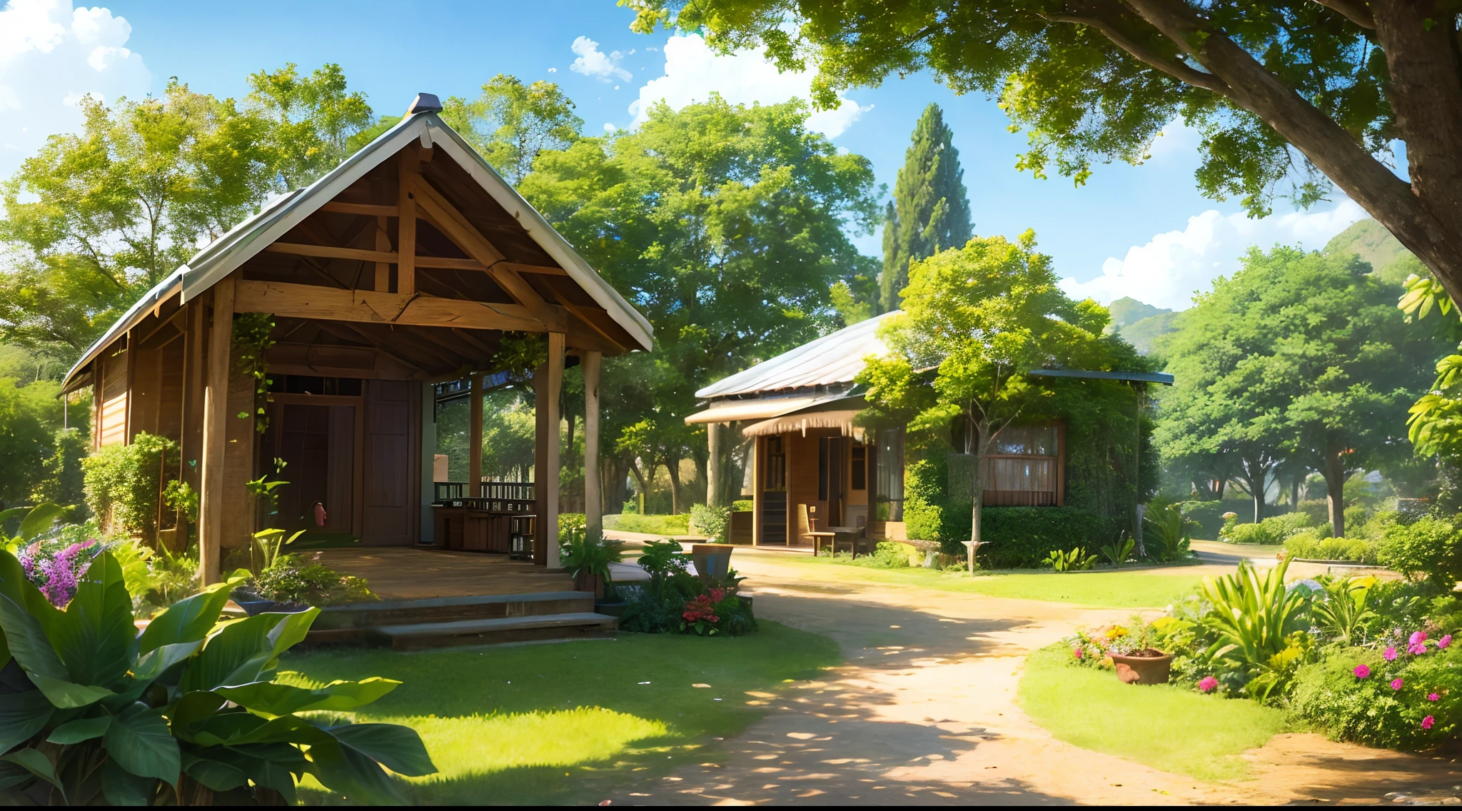 small tropical farm with a lot of trees around it