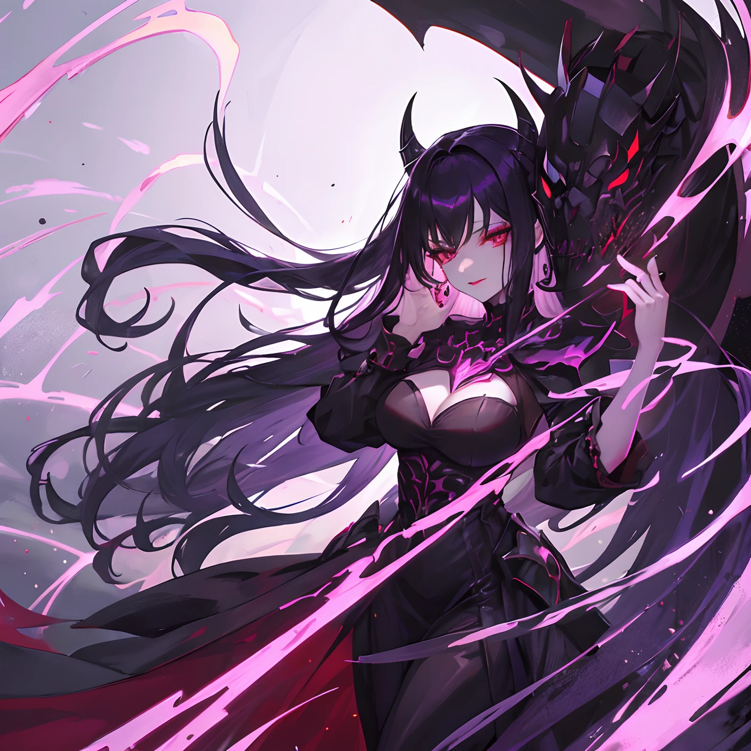 Woman, long dark purple hair, red eyes with a bright light, black long dress, witch, silver jewelry in the shape of ribs, metal mask on half of the face, black lipstick