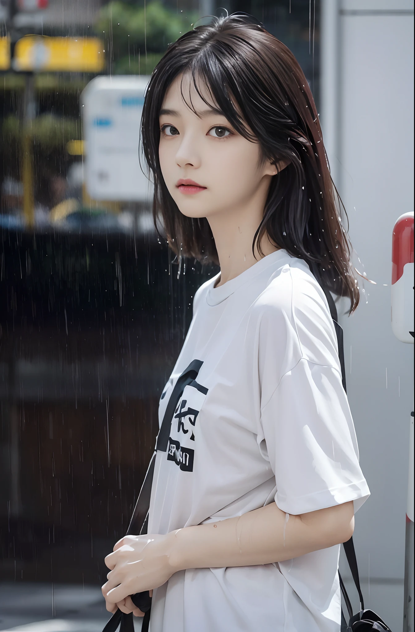 Young woman standing in heavy rain、On the skin of young woman in wet white t-shirt sticking to skin wet in rain、Rain sticks very much、Have wet skin、Face wet in the rain、water dripping、Hair wet in the rain、water dripping、Rain-soaked arms、Young woman with wet hands in rain、Weather in the rain、photographed:Araki Shigenobu, Cool black and white t-shirt design and serial experience Japan teenage girl with rain, Text Says: 「September 21」, typographic「September 21」で、Place glue on the sides and bottom of the square screen. , high detailing, 8K, on tokyo street, high details, FUJIFILM New RX、Detailed skin、