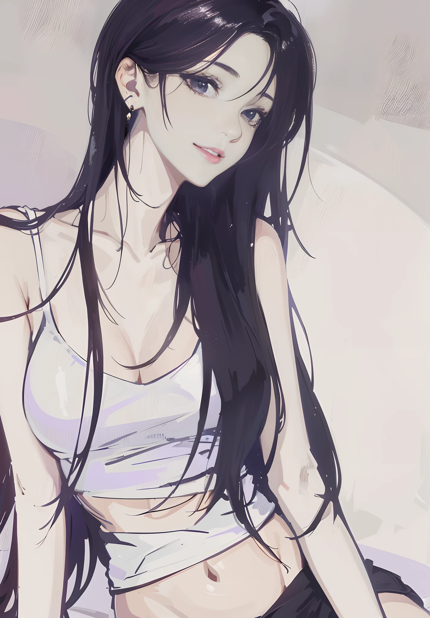 Detailed background, A high resolution, offcial art, (Masterpiece, Best quality, absurderes, Highly detailed), Anime girl, detailed full-body concept, ((1girll, Solo)), Mature female, 1 girl, Solo, A painting of a woman with long hair sitting down, with long dark hair, long thin black hair, Long messy black hair, Smile, Looks to the side, Thin, Skinny, Gilet blanc, Bare arms, Bare shoulders, Bare legs, Thighs, Short shorts, Black shorts, Sweat, Earrings, Black eyes, midriff, stomach, Nice belly, navel, Makeup, Parted bangs, Forehead, Sitting, Indoors, Bedroom