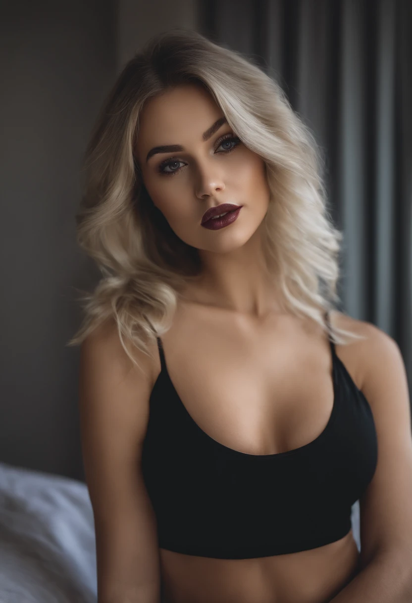 Woman with matching tank top and panties, Sexy girl with big boobs, portrait sophie mudd, portrait corinna kopf, blonde hair and large eyes, Selfie einer jungen Frau, Augen im club Violet Myers, ohne Make-up, Natural makeup, Blick direkt in die Kamera, Gesicht mit Artgram, dezentes Make-up, Stunning full body shot, im Schlafzimmer, Spaltung