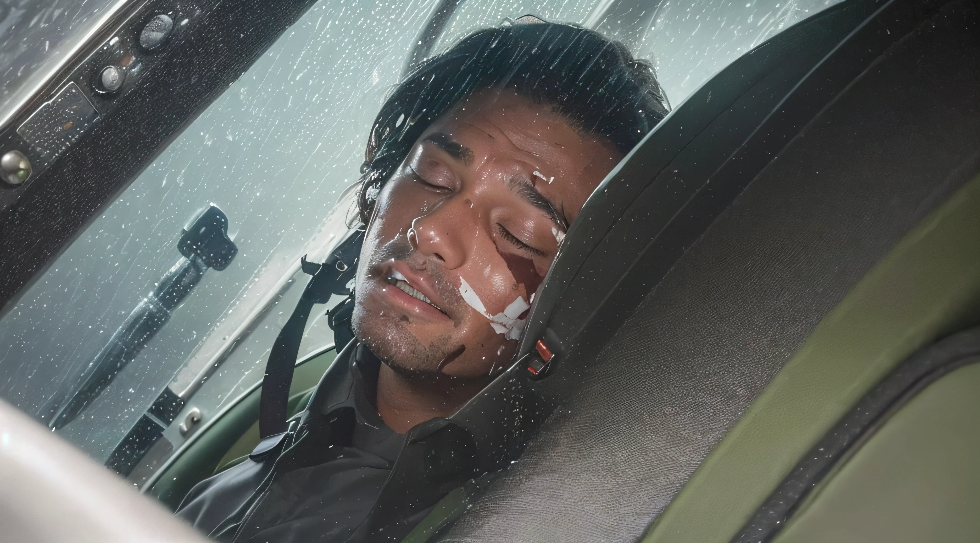 a pilot seen dies in a commercial plane cabin that crashes in the middle of a rainforest, rain during the day, a pilot seen dies in a cabin, his clothes were shabby, bloody. and dirty, his face was injured, his face was bleeding, his eyes closed, his head lolling to the side