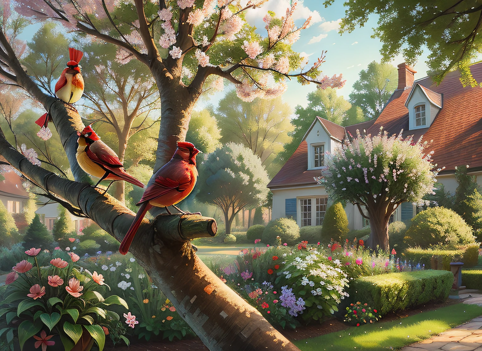 painting of two cardinals sitting on a tree branch in a garden, springtime morning,spring evening, peaceful scene, summer afternoon, american scene beautiful scene, elegant scene,by artist