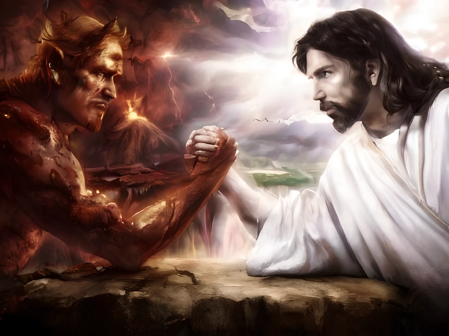 Angel man vs devil in arm wrestling