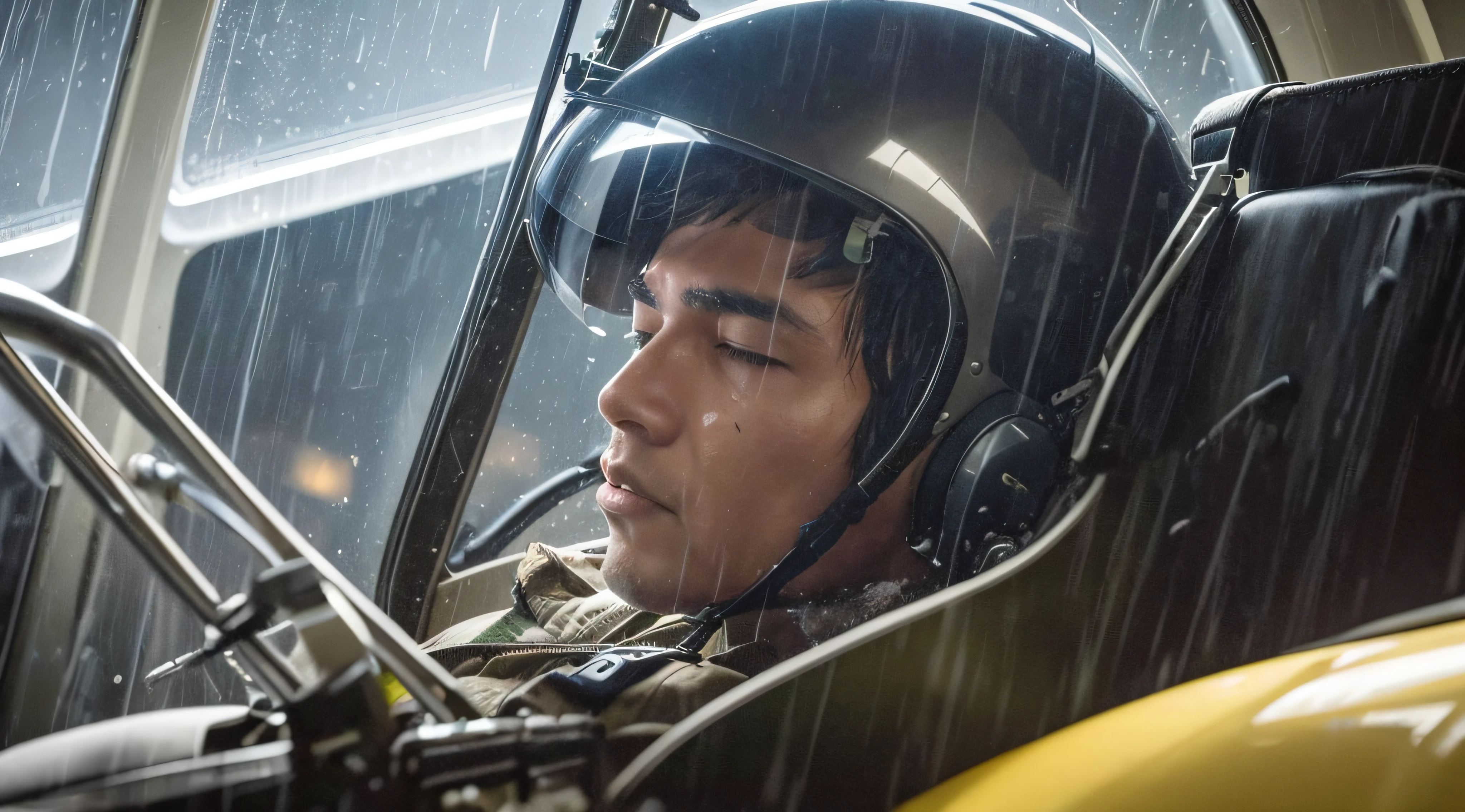 a pilot seen dies in a commercial plane cabin that crashes in the middle of a rainforest, rain during the day, a pilot seen dies in a cabin, his clothes were shabby, bloody. and dirty, his face was injured, his face was bleeding, his eyes closed, his head lolling to the side